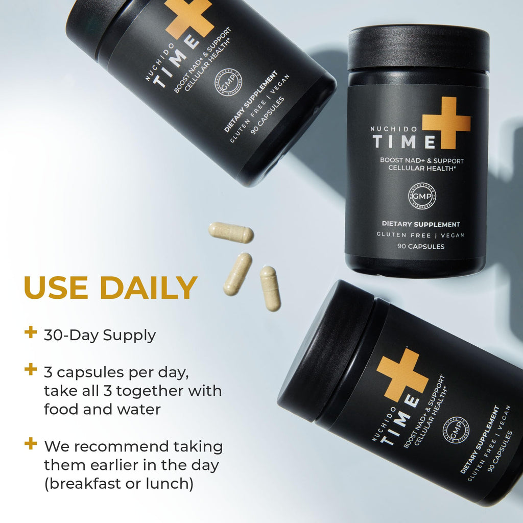Nuchido Time+ NAD Supplement for Men & Women - Advanced Formula for Healthy Aging, Energy, Focus, Cellular Health & Longevity - Nicotinamide, Alpha Lipoic Acid, Quercetin - 90 Capsules Nuchido Time+ Au supplements