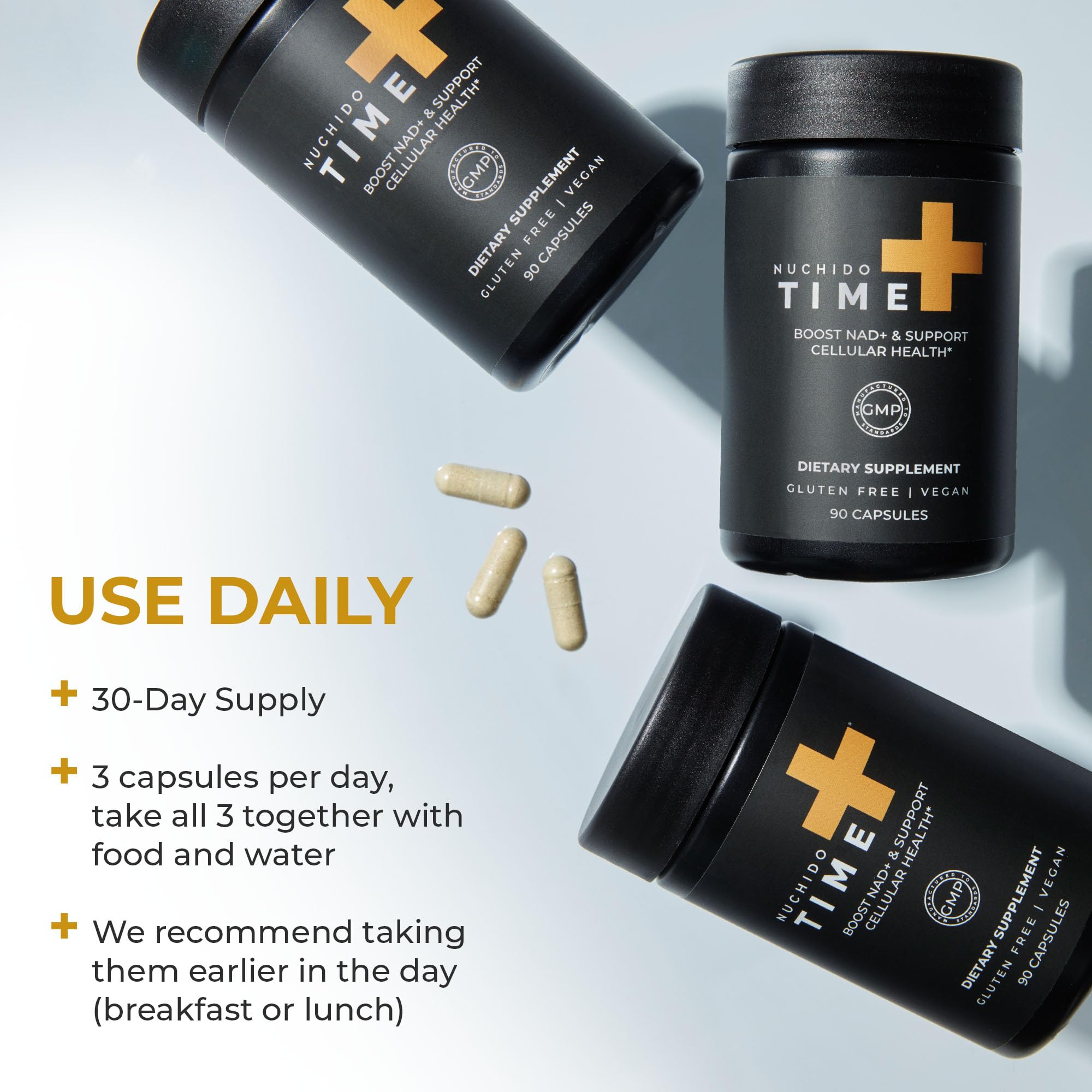 Nuchido Time+ NAD Supplement for Men & Women - Advanced Formula for Healthy Aging, Energy, Focus, Cellular Health & Longevity - Nicotinamide, Alpha Lipoic Acid, Quercetin - 90 Capsules Nuchido Time+ Au supplements