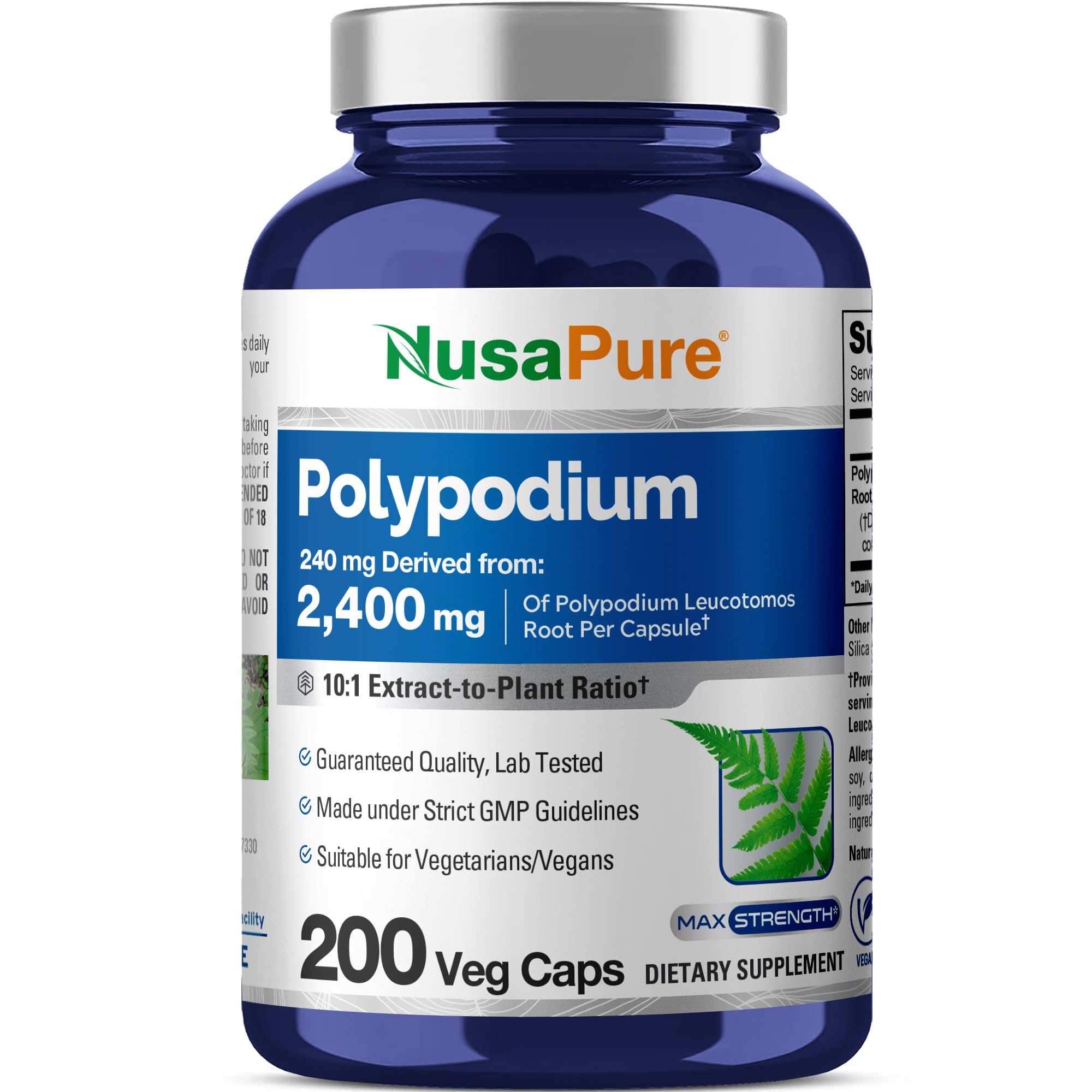 NusaPure Polypodium Leucotomos 10:1 Extract, 240 mg Equivalent to 2400mg 200 Veggie Capsules (Vegetarian, Non-GMO, Vegan) NusaPure Au supplements