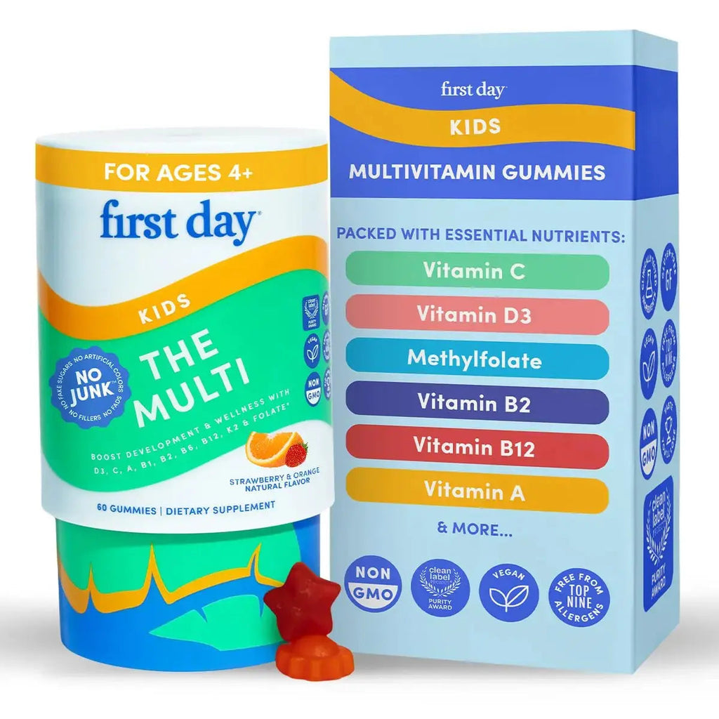First Day Kids Multivitamin Gummies Age 4+, Strawberry & Orange - Kids Vitamins Multivitamin Gummy A C D3 K2 B1 B2 B6 B12 Folate, Immunity & Brain Function FIRST DAY Au supplements