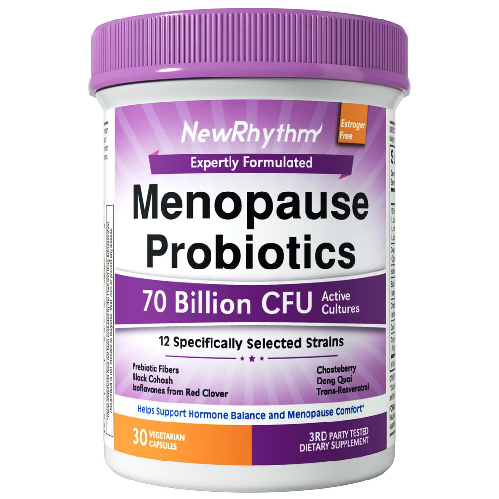 NewRhythm Menopause Probiotics for Women, 7-in-1 Relief, Prebiotics, Black Cohosh Trans-Resveratrol Chasteberry Red Clover Dong Quai, Hot Flashes Night Sweats, No Soy, No Estrogen, 30 Ct NewRhythm Au supplements
