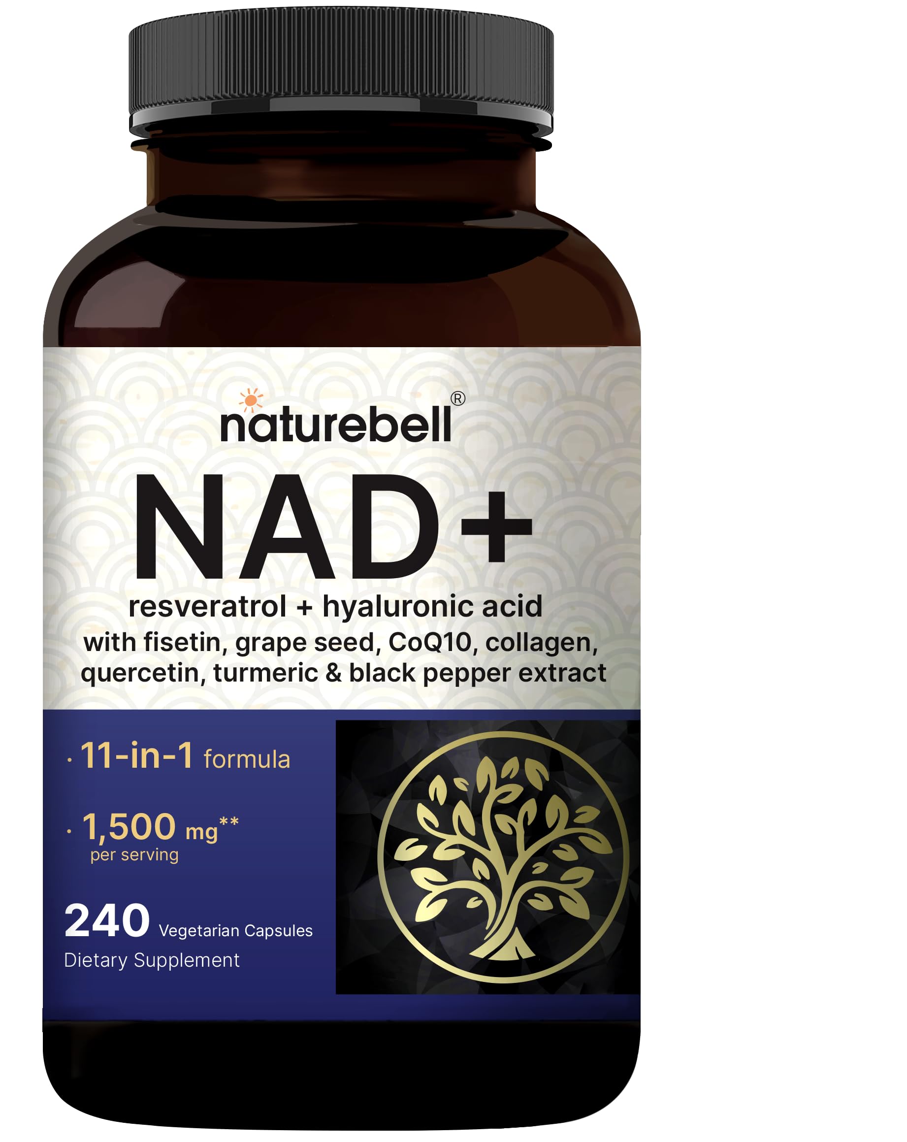 NatureBell NAD+ Complex 1,500mg Per Serving, 240 Veggie Capsules | NMN Supplement Alternative | NAD Plus Resveratrol, Hyaluronic Acid, Quercetin, Fisetin, Collagen, & More – Non-GMO NatureBell Au supplements