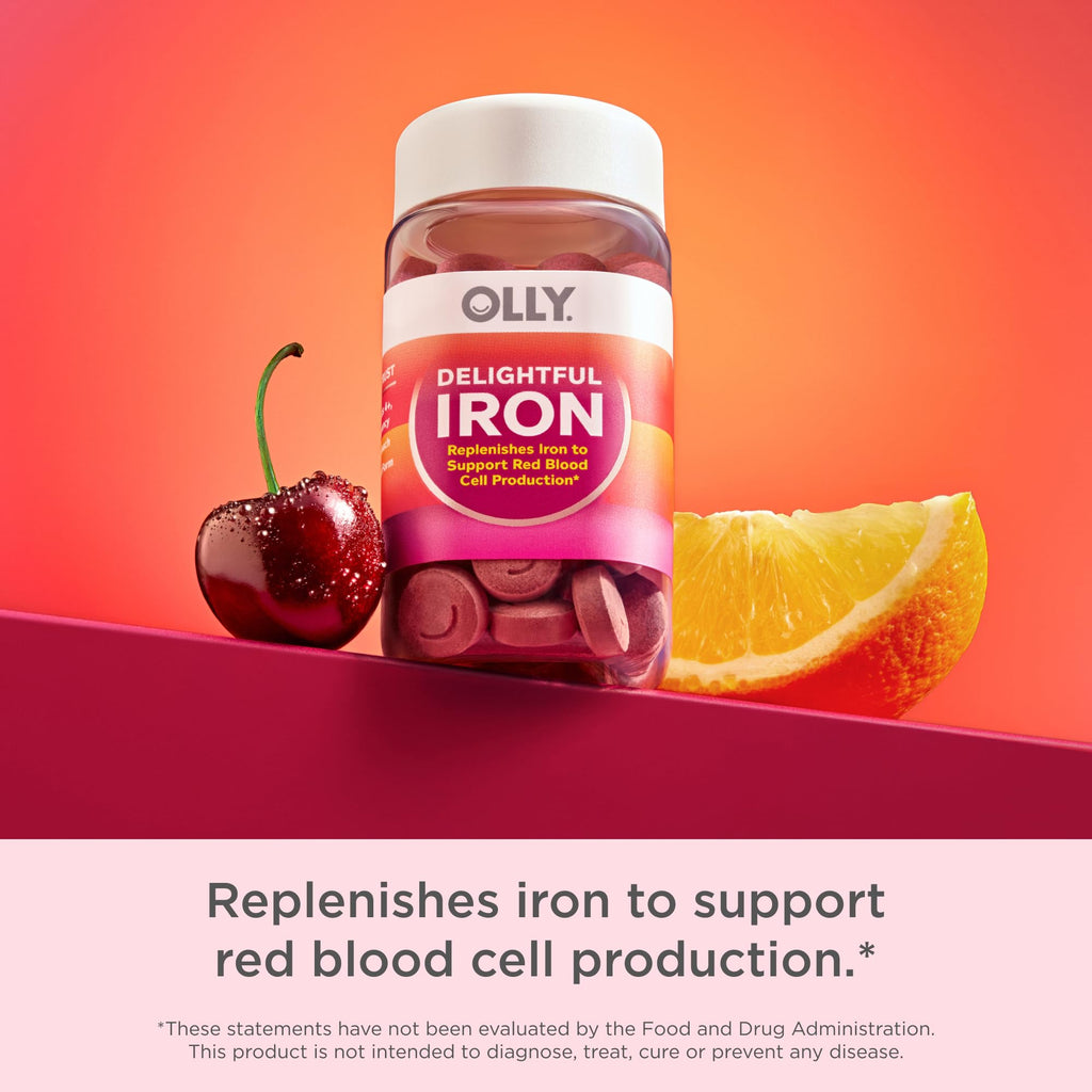 OLLY Delightful Iron Chewable Tablet, Iron Supplement from AB Fortis, Fruit Punch Flavored, 30 or 20 Day Supply - 60 Count