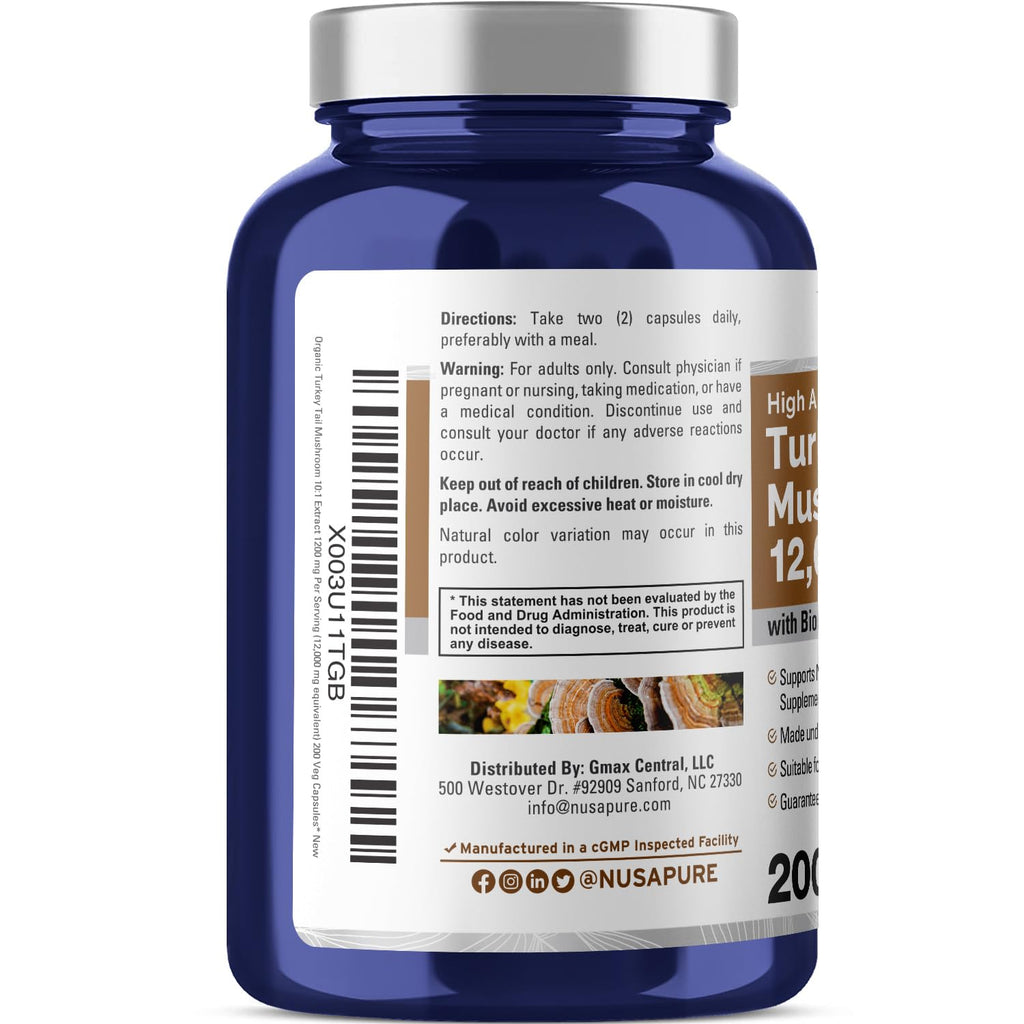 NusaPure Turkey Tail Mushroom Capsules, 10:1 Extract, 1200 mg Equivalent to 12,000mg, 200 Vcaps, Non-GMO, Gluten Free, Bioperine NusaPure Au supplements