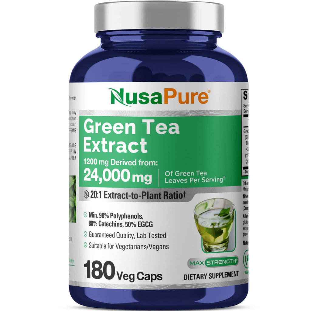 NusaPure Green Tea 20:1 Extract, 1200 mg Equivalent to 24000mg, 180 Vegan Capsules, 50% EGCG, 98% Polyphenols, 80% Catechins NusaPure Au supplements