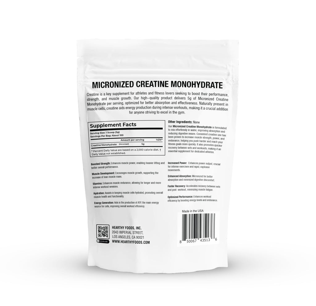 HEARTHY FOODS Creatine Monohydrate Micronized Powder 500G - 100 Servings, 5000mg Per Serving (5g) - for Men & Women Muscle Growth