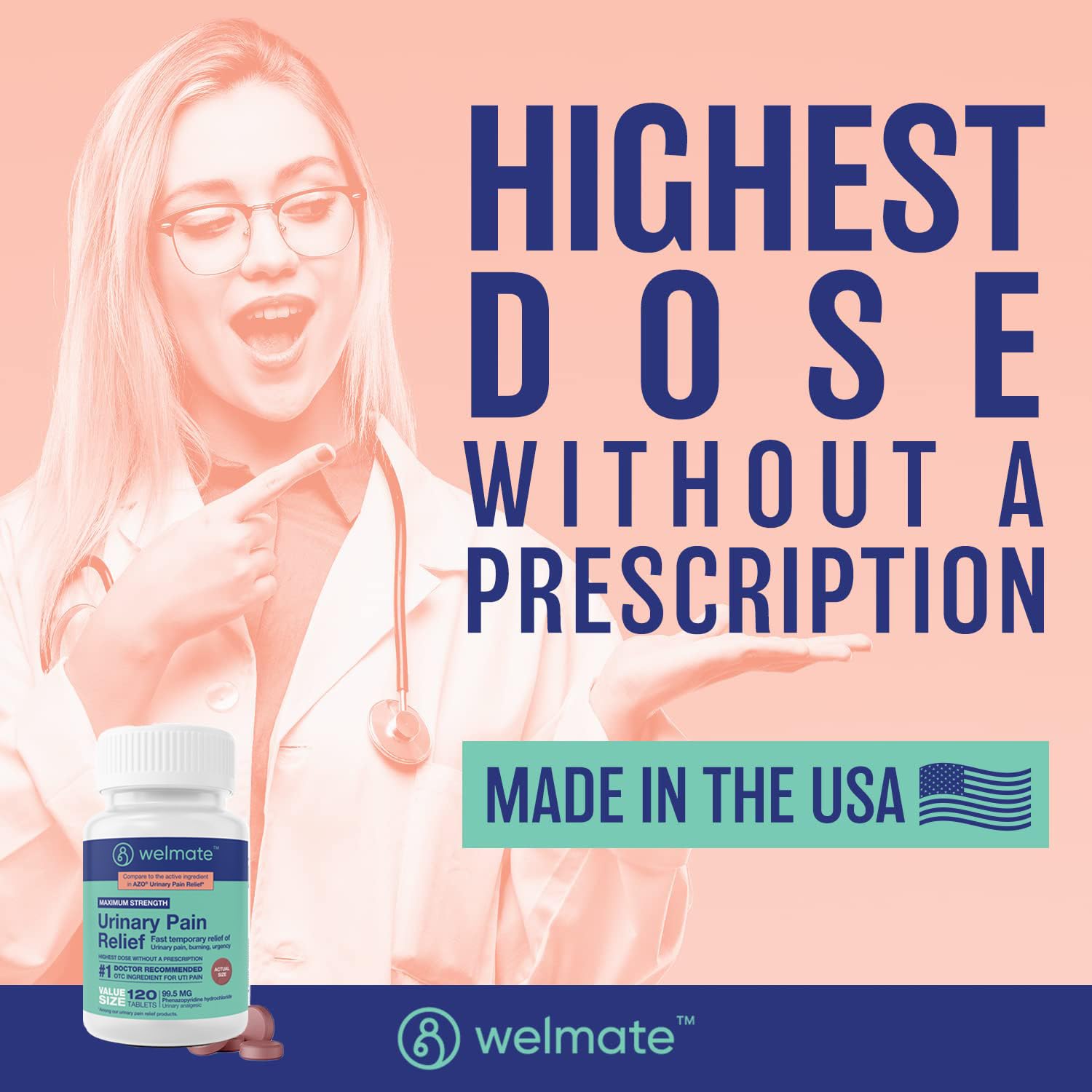 WELMATE Urinary Pain UTI Relief Maximum Strength (Phenazopyridine HCL) - Improve Urinary Tract Health & Bladder Control, Urgency, & Discomfort | Over-The-Counter Medication for Men & Women (120 Pills) WELMATE Au supplements