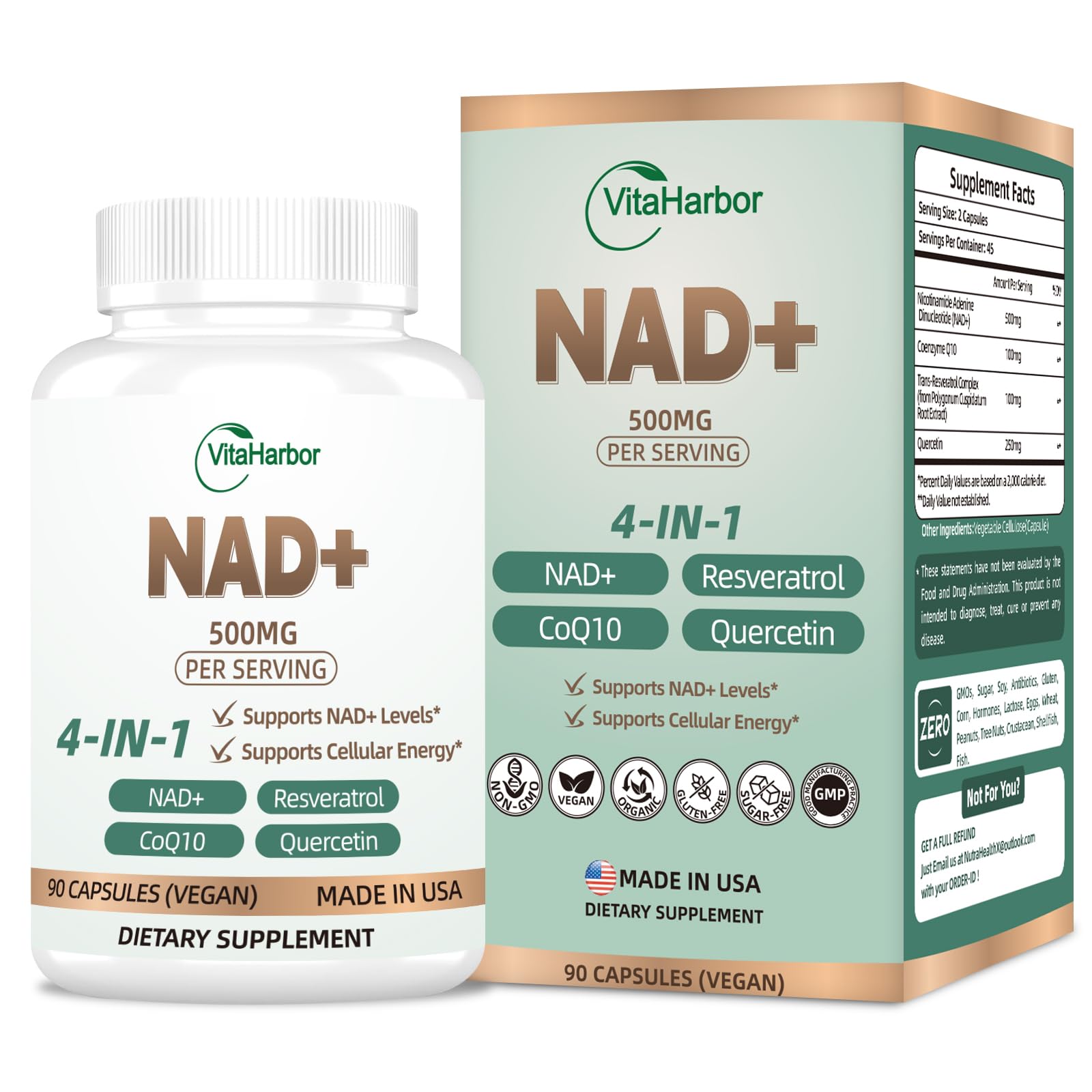 NAD Supplement 500mg, Pure Organic NAD+ Supplement for Women & Men, NAD+ with Trans-Resveratrol & CoQ10 & Quercetin for Cellular Energy & Healthy Aging, NMN Alternative (90 Vegan Caps) VitaHarbor Au supplements