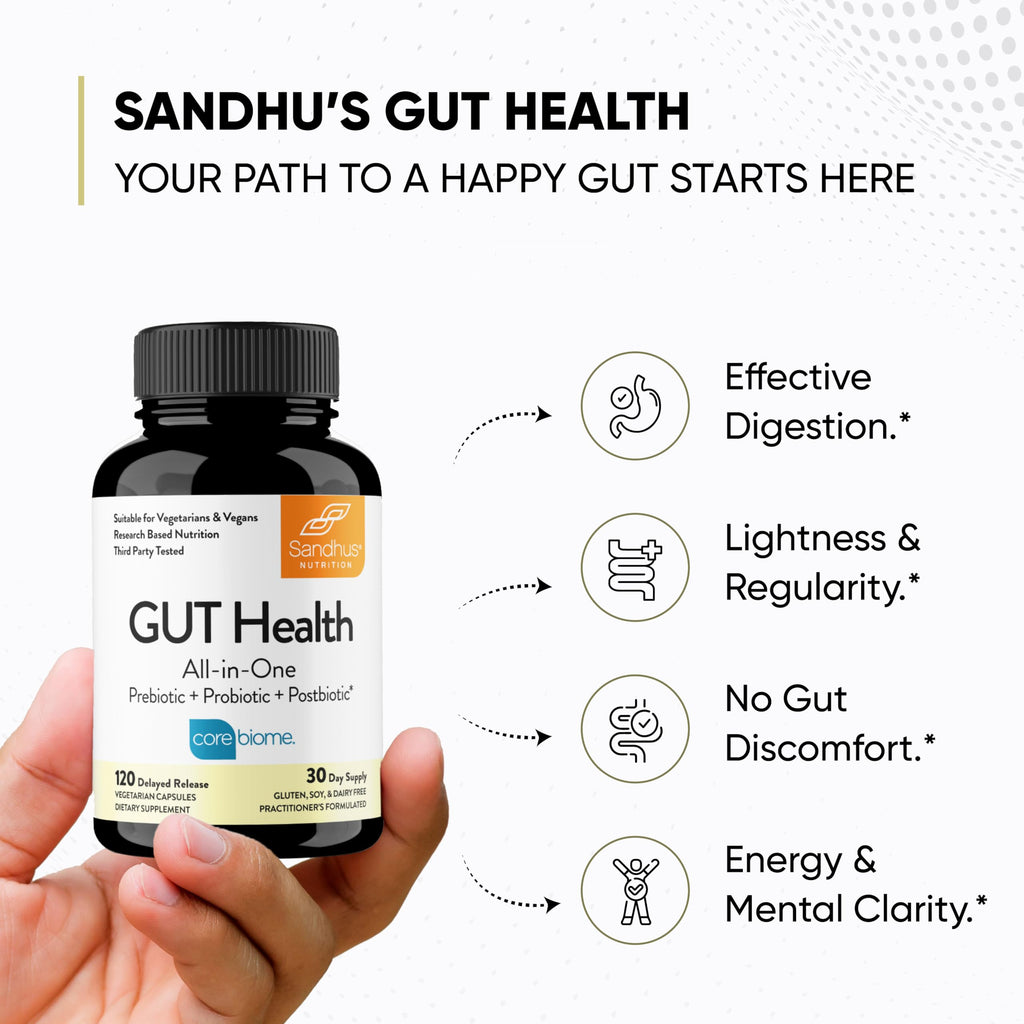 Sandhu's Gut Health - Prebiotic, Probiotic, Postbiotic & L-Glutamine | Digestive Health, Colon, Probiotic Total Supplements | 120 Delayed Release Capsules