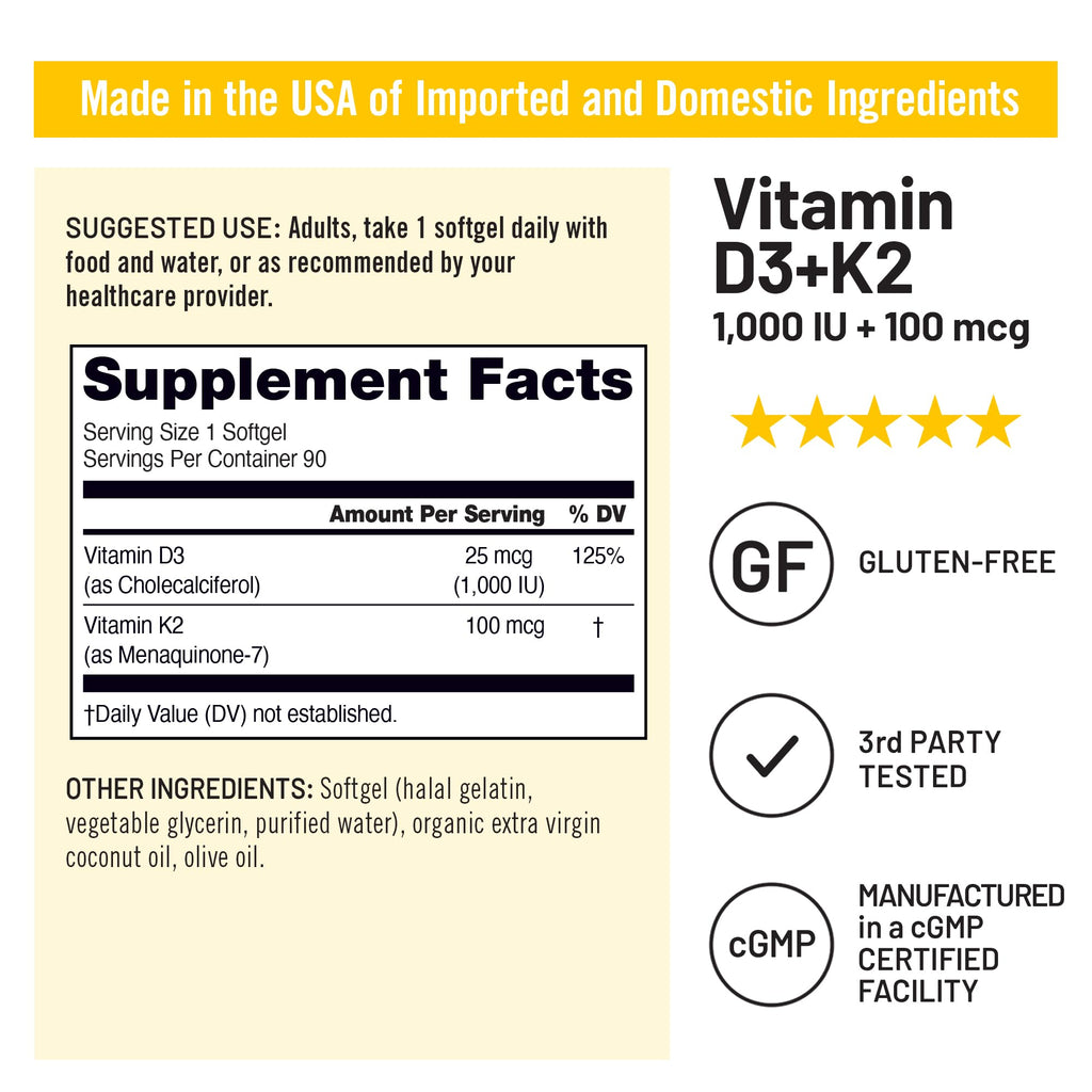 NatureWise Vitamin D3 1000IU + K2 (MK7) 100mcg with Organic Extra Virgin Coconut Oil - Supports Calcium Absorption, Bone & Immune Health - Non-GMO