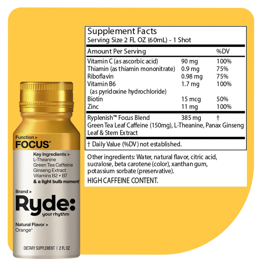 Ryde: Focus Shot | Orange Flavor | L-Theanine & Ginseng | Green Tea Caffeine | Vitamins B2 & B7 | 0 Calories, 0 Sugar | 2 FL OZ Shots | Supports Focus* (8 Pack) RYDE Au supplements