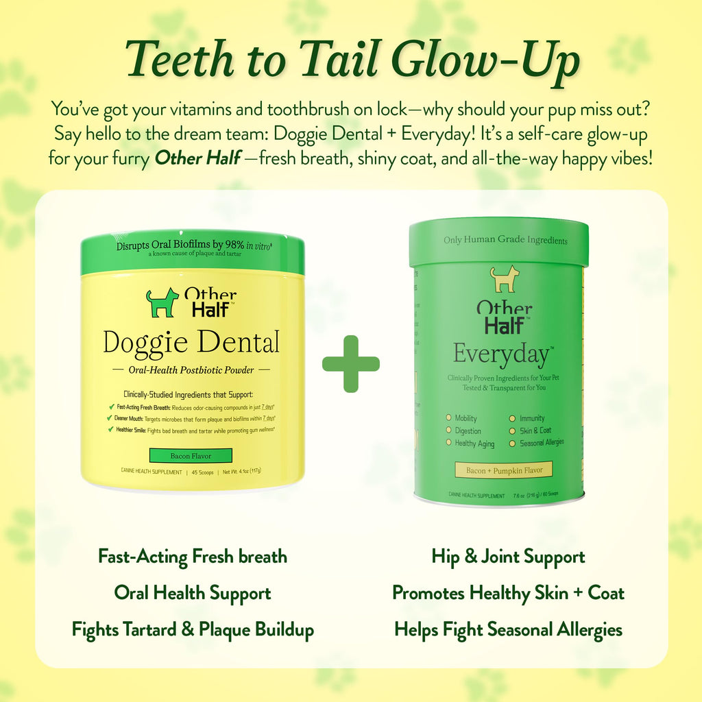 OTHER HALF Doggie Dental Supplement Powder - Dog Breath Freshener & Teeth Cleaning Made Easy - Oral Health Postbiotic for Dogs - Targets Tartar, Plaque & Bad Breath | 45 Scoops, Bacon Flavor OTHER HALF Au supplements