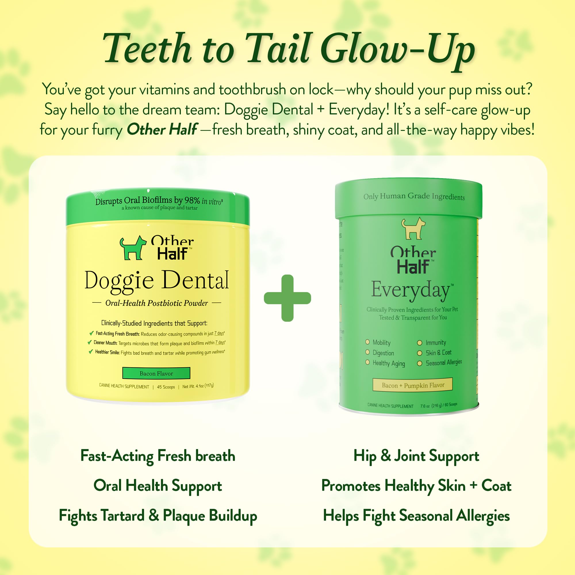 OTHER HALF Doggie Dental Supplement Powder - Dog Breath Freshener & Teeth Cleaning Made Easy - Oral Health Postbiotic for Dogs - Targets Tartar, Plaque & Bad Breath | 45 Scoops, Bacon Flavor OTHER HALF Au supplements
