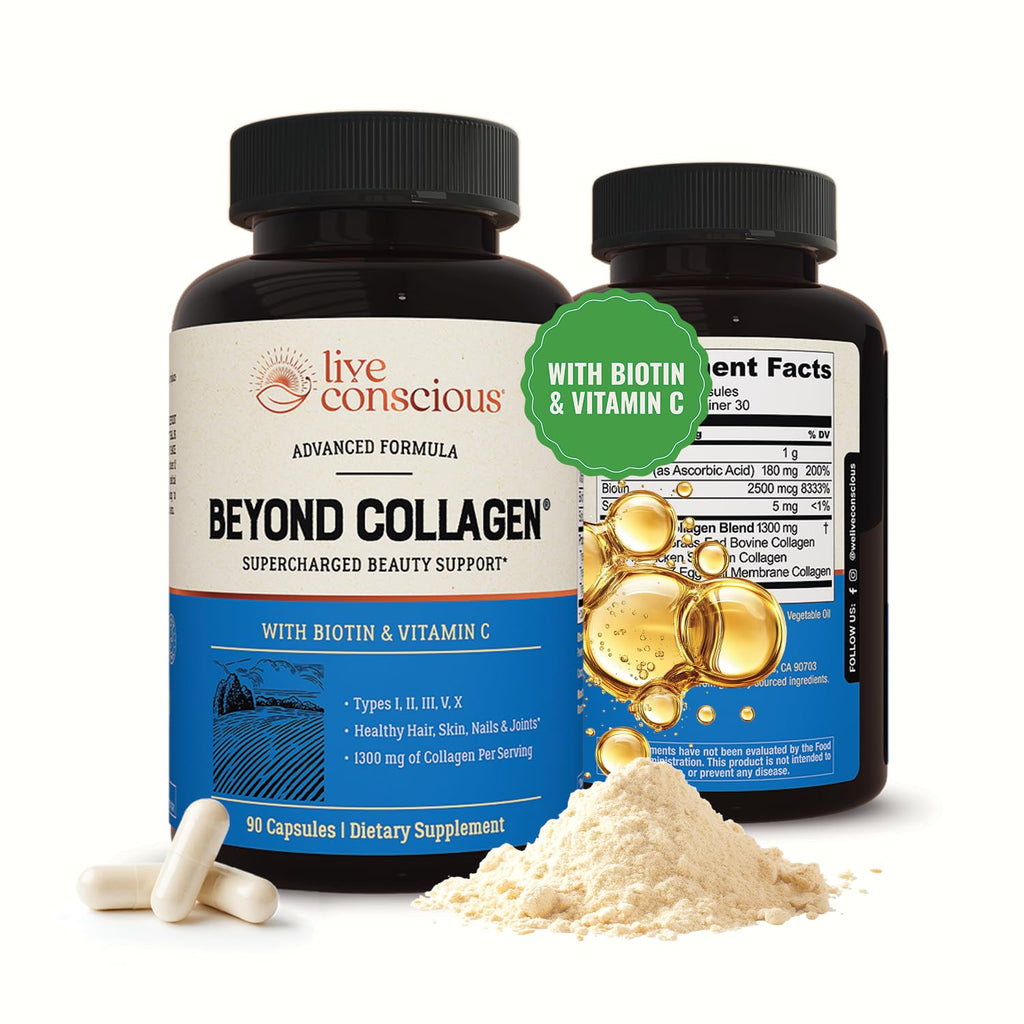 Live Conscious Beyond Collagen Multi Collagen Capsules - Types I, II, III, V & X - Hydrolyzed Blend with Biotin & Vitamin C for Hair, Skin, Nails 90 Capsules Live Conscious Au supplements