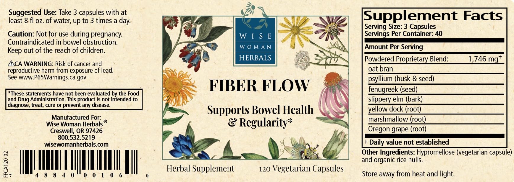 Wise Woman Herbals – Fiber Flow Capsules 120 Count – Supports Healthy Digestive Function, Gut Health, Bowel Health and Regularity