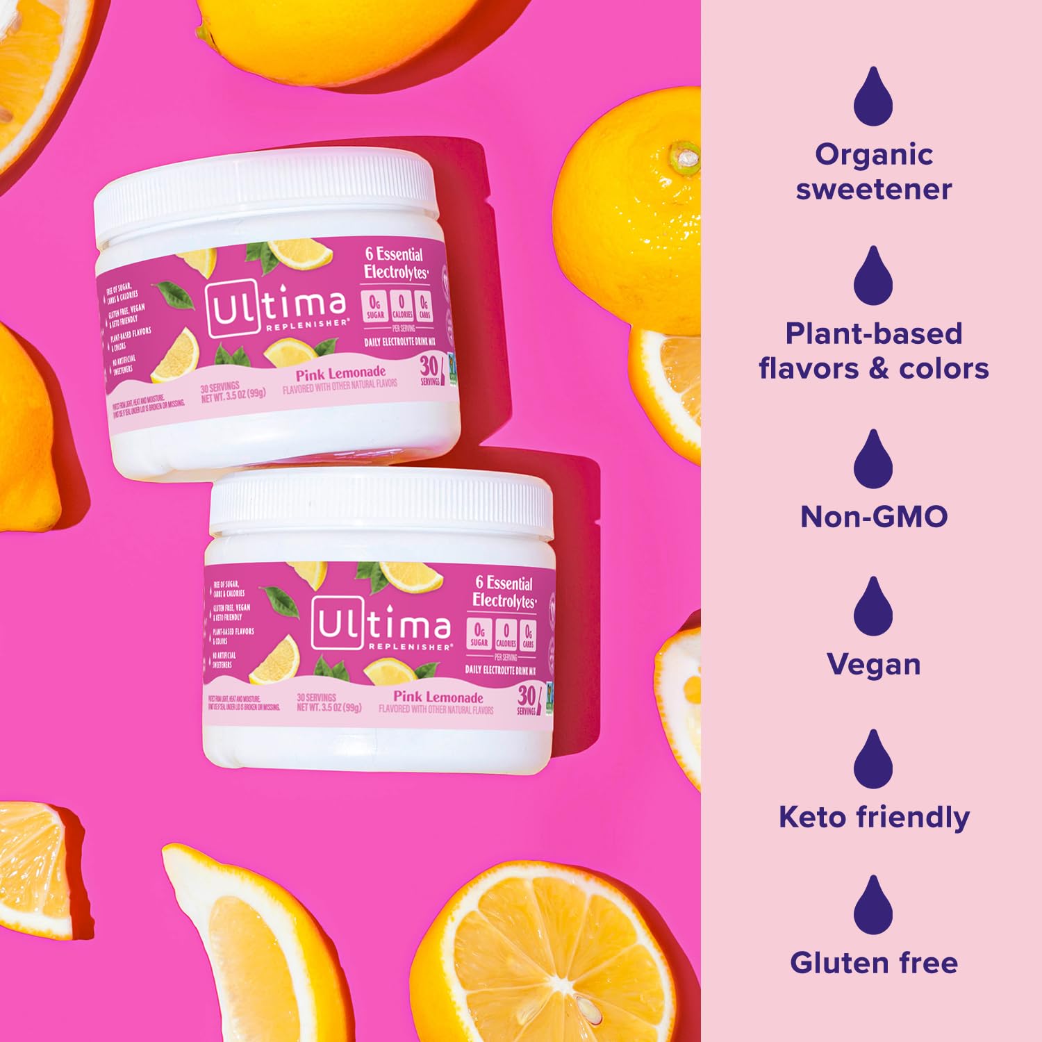 Ultima Replenisher Daily Electrolyte Powder Drink Mix – Pink Lemonade, 30 Servings Canister – Zero Sugar Hydration Powder with 6 Electrolytes & Minerals