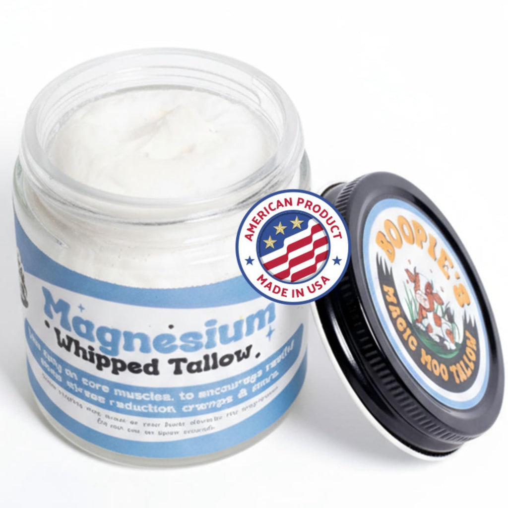 Magic Moo Magnesium Whipped Tallow Skincare for sore muscles, sleep, muscle and period cramps, stress, relaxation & more. Topical magnesium that works. Boopie's Magic Moo Tallow Au supplements