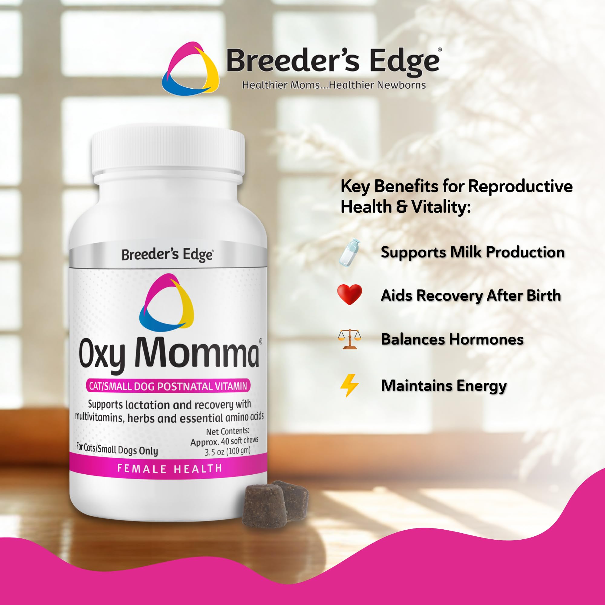 Breeder's Edge Oxy Momma Soft Chews, Postnatal Vitamin Supplement for Lactating Dogs and Cats, Supports Recovery, Hormones, and Next Pregnancy - for Small Dogs & Cats, 40ct Soft Chews Revival Animal Health Au supplements