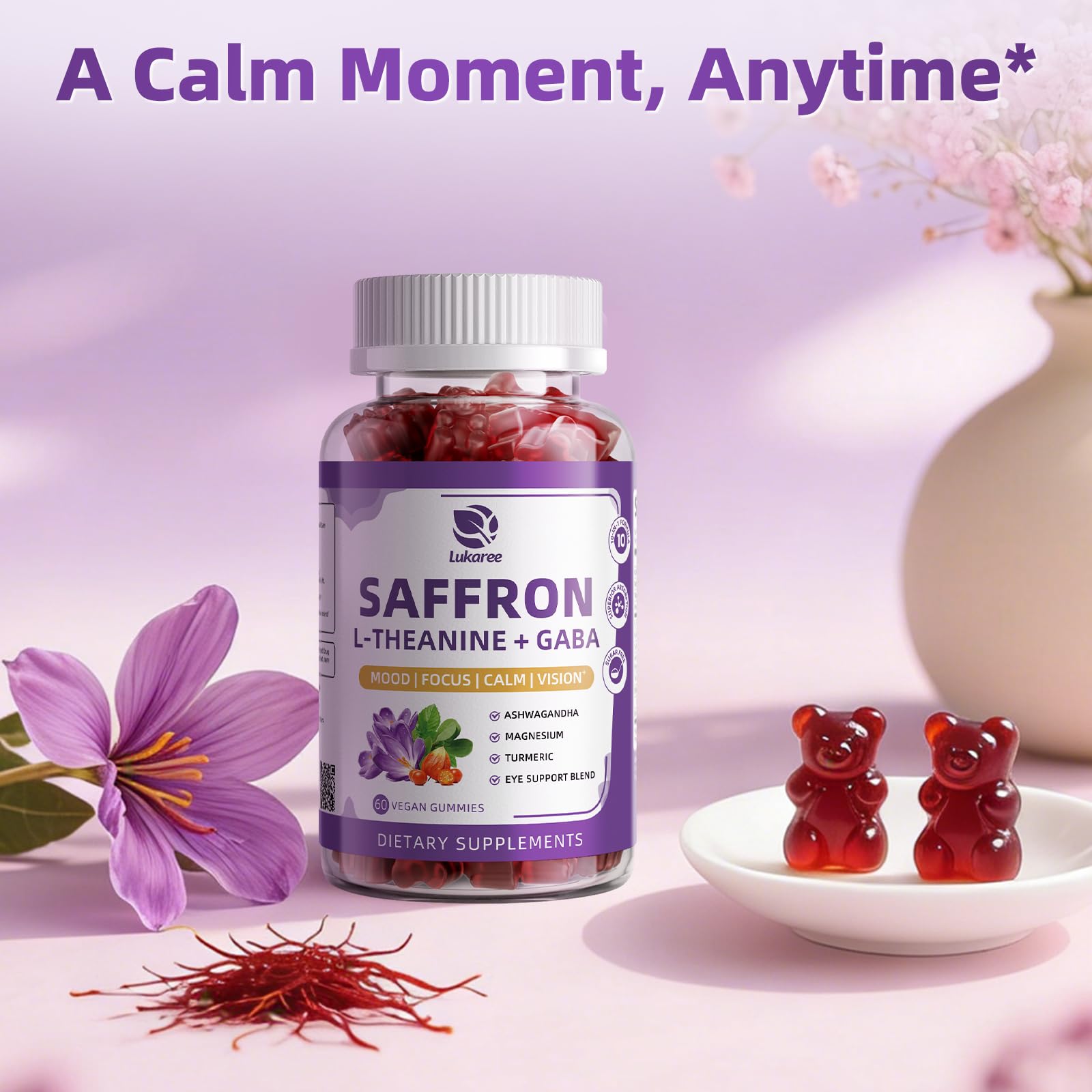 10-in-1 Saffron Supplements Gummies - Saffron Extract 88.5 mg with L-Theanine, GABA, Ashwagandha, Turmeric,Magnesium – Mood, Focus, Vision Support & Cortisol Balance, Sugar Free, Vegan, 60 Counts Lukaree Au supplements