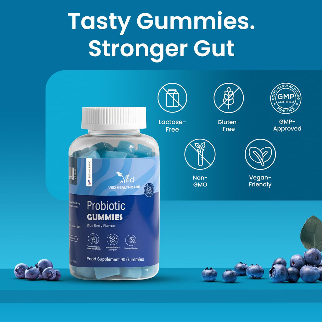 Vegan Probiotic Gummies with Prebiotics, Blueberry Flavour, 2 Gummies Daily (90 Count), 45 Days Supply, Non-GMO, Gluten Free,