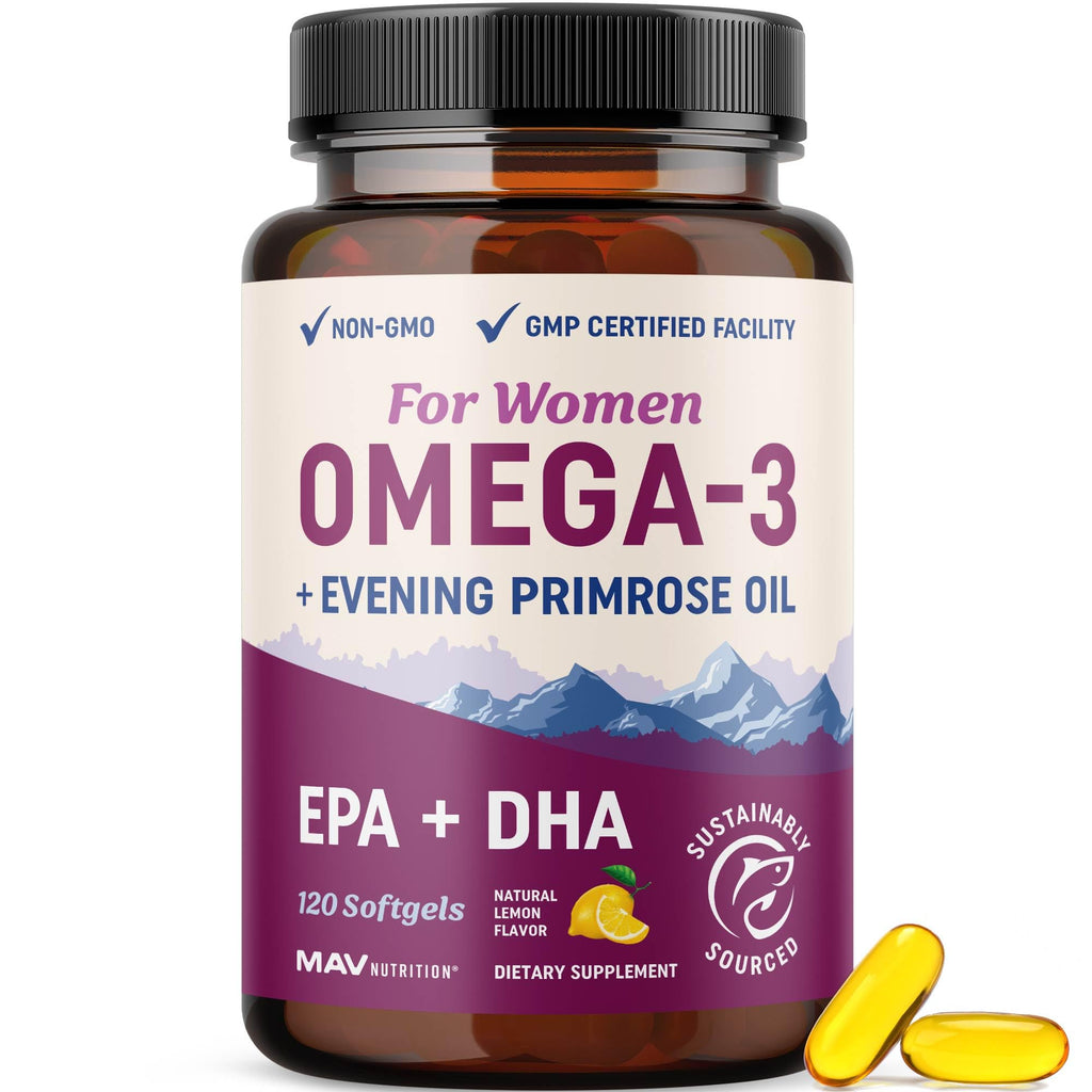 Fish Oil Omega 3 Supplements for Women | DHA + EPA | Heart Health, Hormone Balance, Skin & Wellness Support | 600MG Omega3 + 800MG Evening Primrose Oil