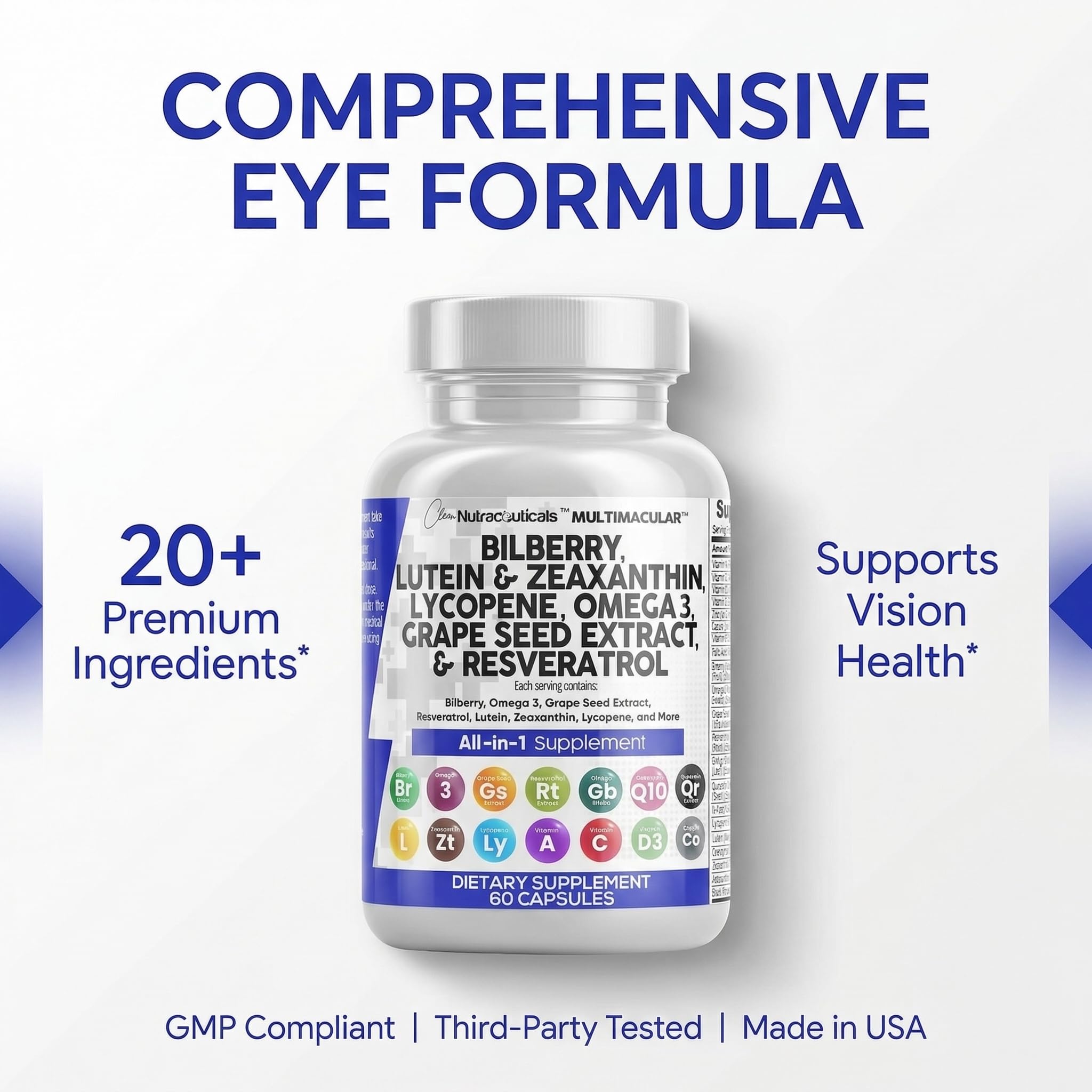 Clean Nutra Eye Vitamins with Bilberry Lutein and Zeaxanthin Supplements Lycopene 40mg Resveratrol Grape Seed Astaxanthin for Eyes - Eye Care Health Support Eye
