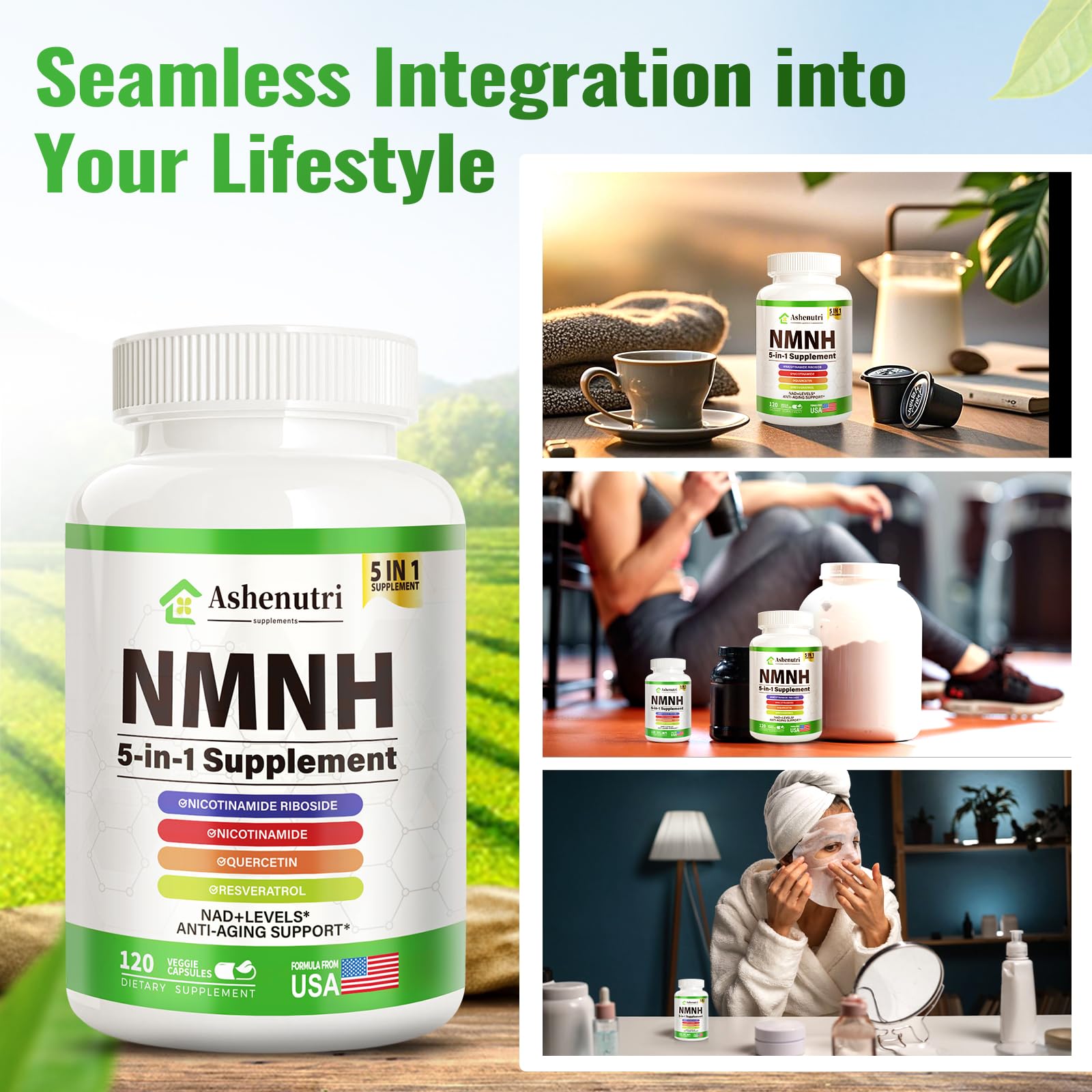 NMNH (Dihydronicotinamide Mononucleotide), NMN Alternative Supplement w/Niacinamide (Vitamin B3), Quercetin, Trans-Resveratrol, Support NAD+, Skin Cell Health*, Anti-Aging & Energy, 120 Caps Ashenutri Au supplements