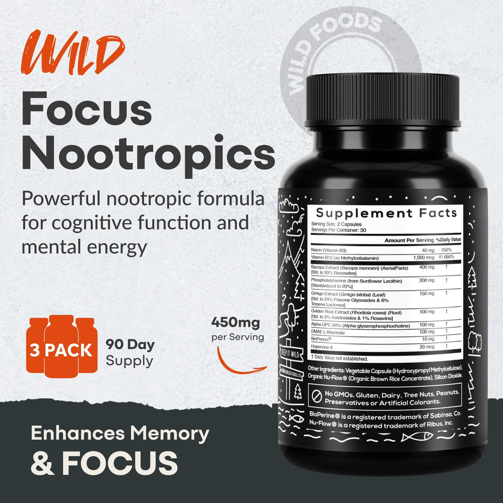 Wild Focus Brain Supplements | Caffeine-Free, Plant-Based Botanicals | Lions Mane, Ginkgo Biloba, Bacopa Monnieri, Lemon Balm | 100% Natural Nootropic | 60 caps Wild Foods Au supplements