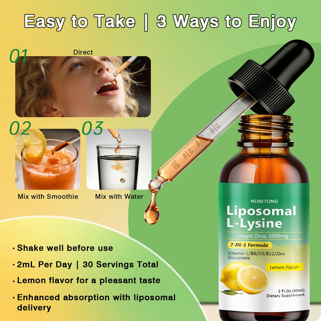 Liposomal L-Lysine 1000mg Liquid Drops, 7-in-1 Lysine Supplement for Adults with Vitamin C/B6/D3/B12 & Zinc Gluconate, Immune Support, Collagen Synthesis & Skin Lip Health, Lemon Flavor, 2 Fl Oz