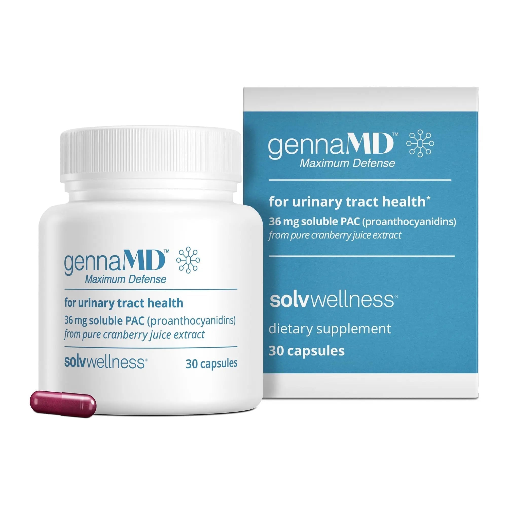 Solv Wellness GennaMD - Maximum UTI Defense - 36 mg Soluble PAC from 100% Cranberry Juice Extract - Highest PAC Concentration in a Small, Easy-to-Swallow Capsule - 30 Capsules Solv Wellness Au supplements