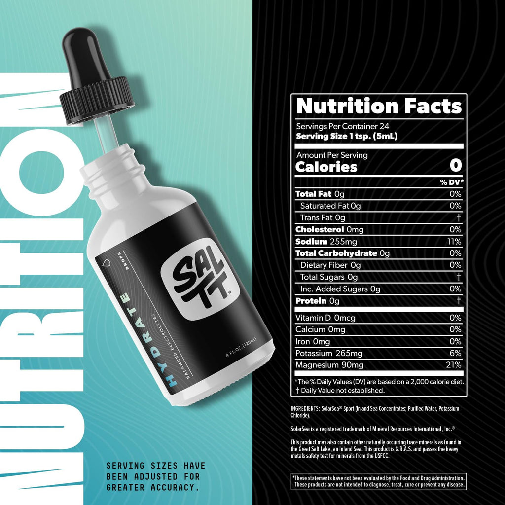 SALTT - Hydrate (4 oz) - Electrolytes Drops - Energy Boost - Sodium, Potassium, Magnesium, Zinc, Copper - Unflavored - Ultra Low Carb - Zero Sugar, Vegan,