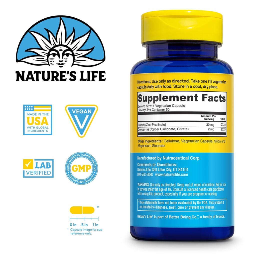 Nature's Life Zinc Picolinate 30mg Plus 2mg of Copper - Chelated Zinc Supplement for Immune, Cardiovascular, Skin, Cellular Function, and Muscle Support - 60-Day Guarantee - 50 Servings, 50 Capsules Nature's Life Au supplements