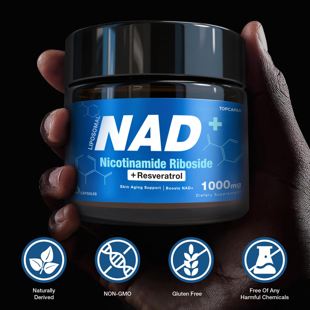 TOPCAPAK NAD+ Supplement - NAD Nicotinamide Riboside Resveratrol, Liposomal NAD+ Supplement 1000mg for for Women & Men - Healthy Aging, Brain and Cellular Energy, Non-GMO, 80 Capsules TOPCAPAK Au supplements