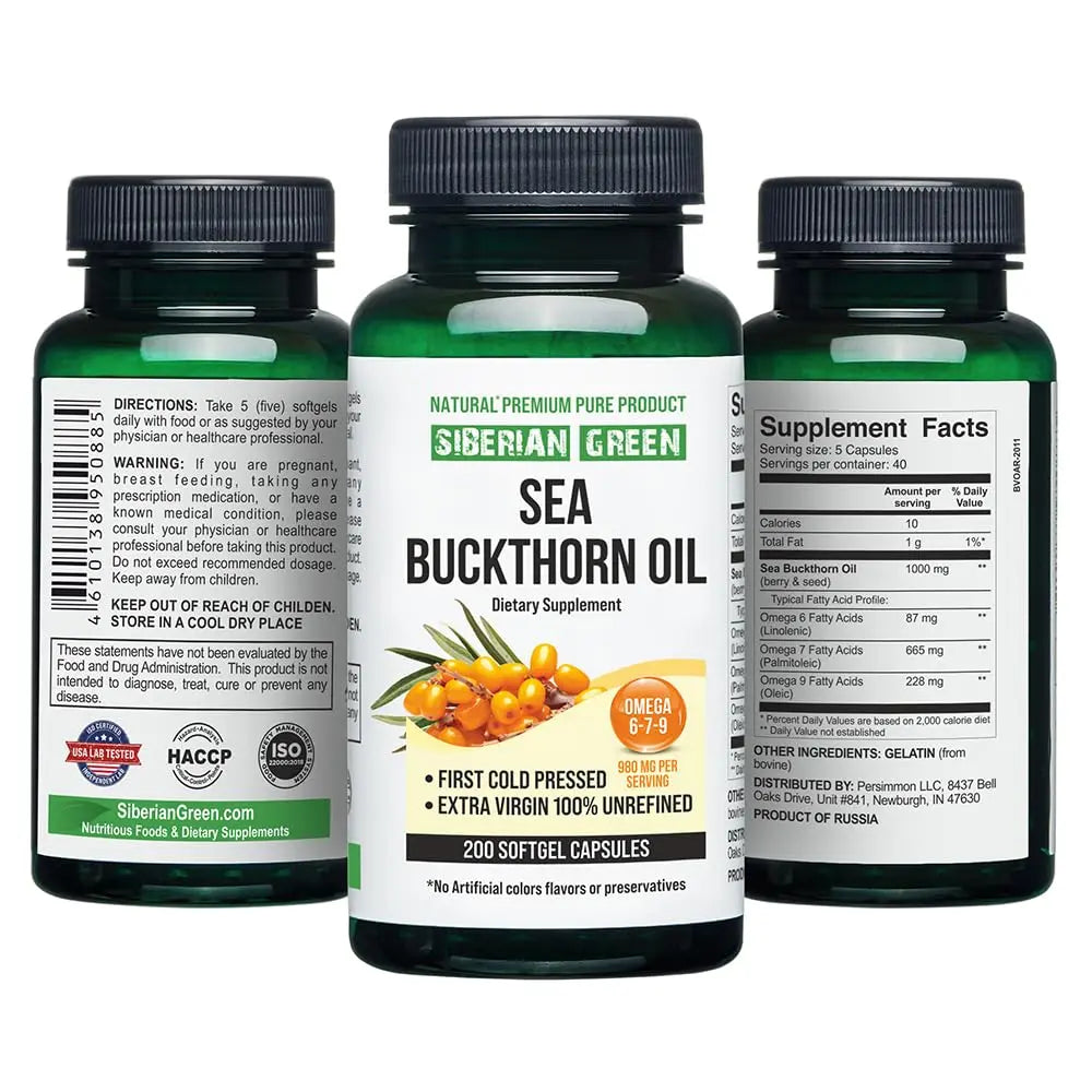 Siberian Sea Buckthorn Oil Capsules 200 Softgels | from Wild-harvested Siberian Sea Siberian Green Au supplements