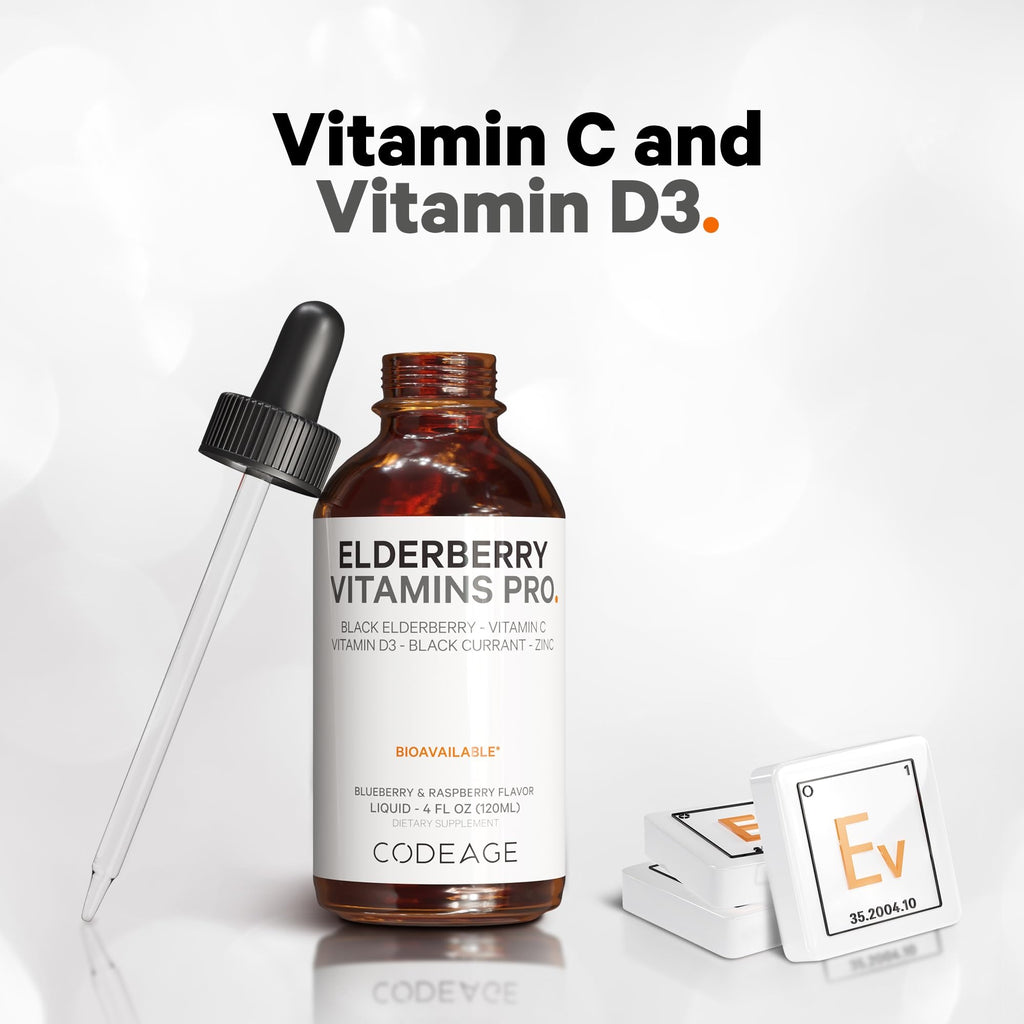 Codeage Elderberry Vitamins Pro - Organic Black Elderberry Liquid Drops - Vitamin C, D3, Zinc, Black Currant - 2-Month Supply - Black Sambucus Liquid - Supplement for Adults & Kids - 4 fl oz Codeage Au supplements