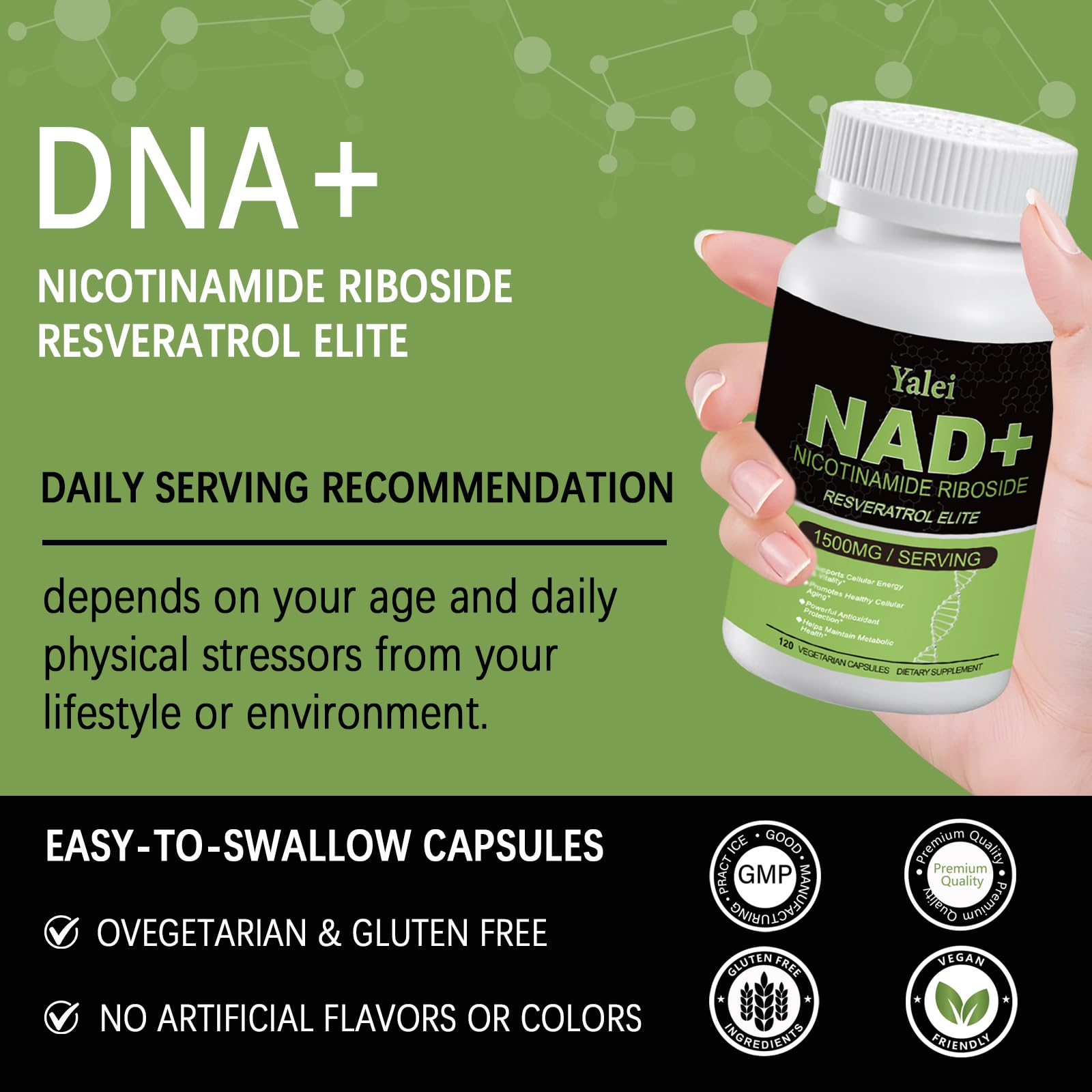 Yalei NAD Resveratrol Supplement 1500mg,120 Veggie Capsules | Liposomal NAD Plus Boosting | Support Cellular Health, Stamina & Healthy Aging for Women & Men | Non-GMO Yalei Au supplements