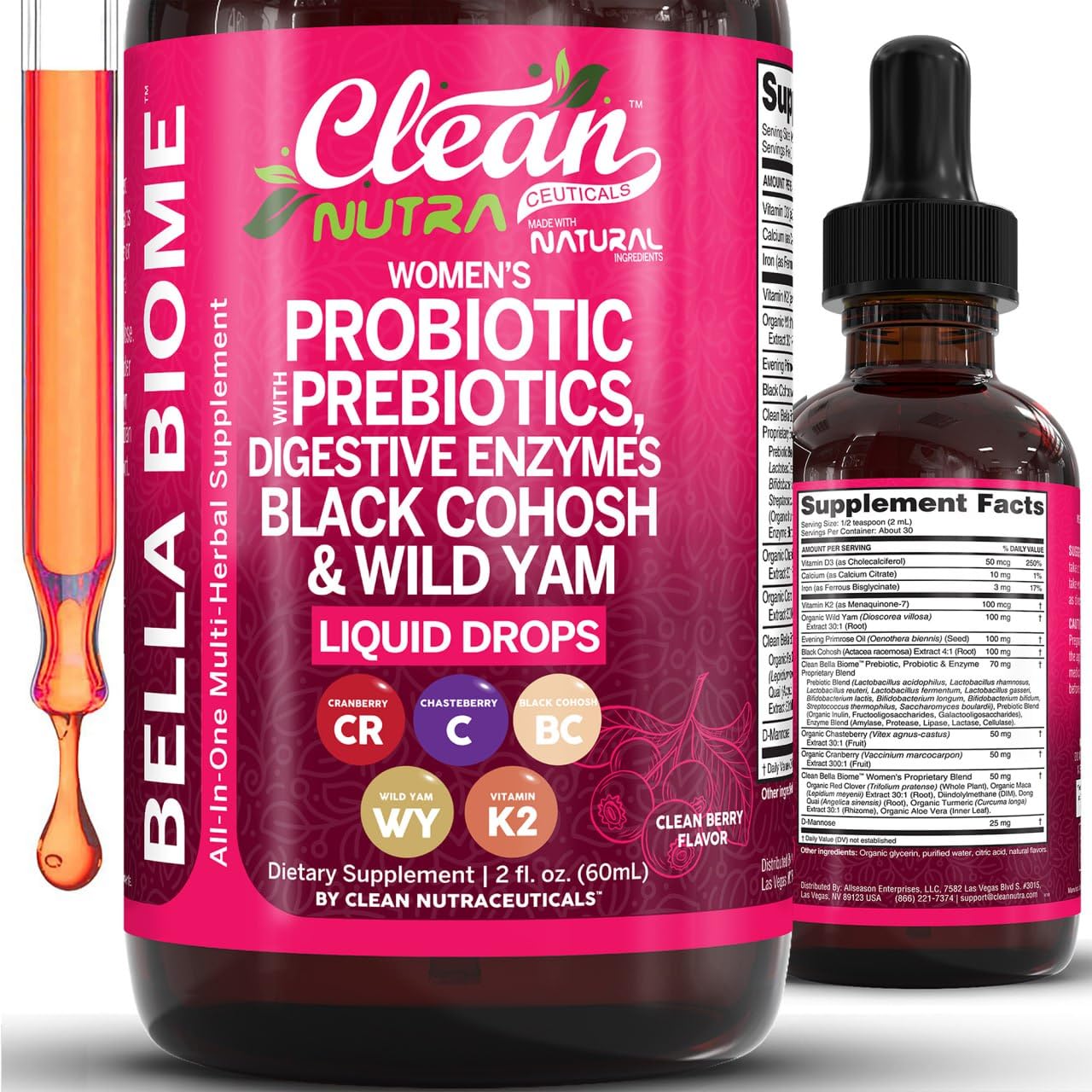 Liquid Probiotics for Women Drops with Chasteberry, Black Cohosh, Prebiotics, Digestive Enzymes, Evening Primrose Oil, Wild Yam, Cranberry Dmannose and Iron Vitamin D3 K2 Clean Nutra Bella Biotics Clean Nutraceuticals Au supplements