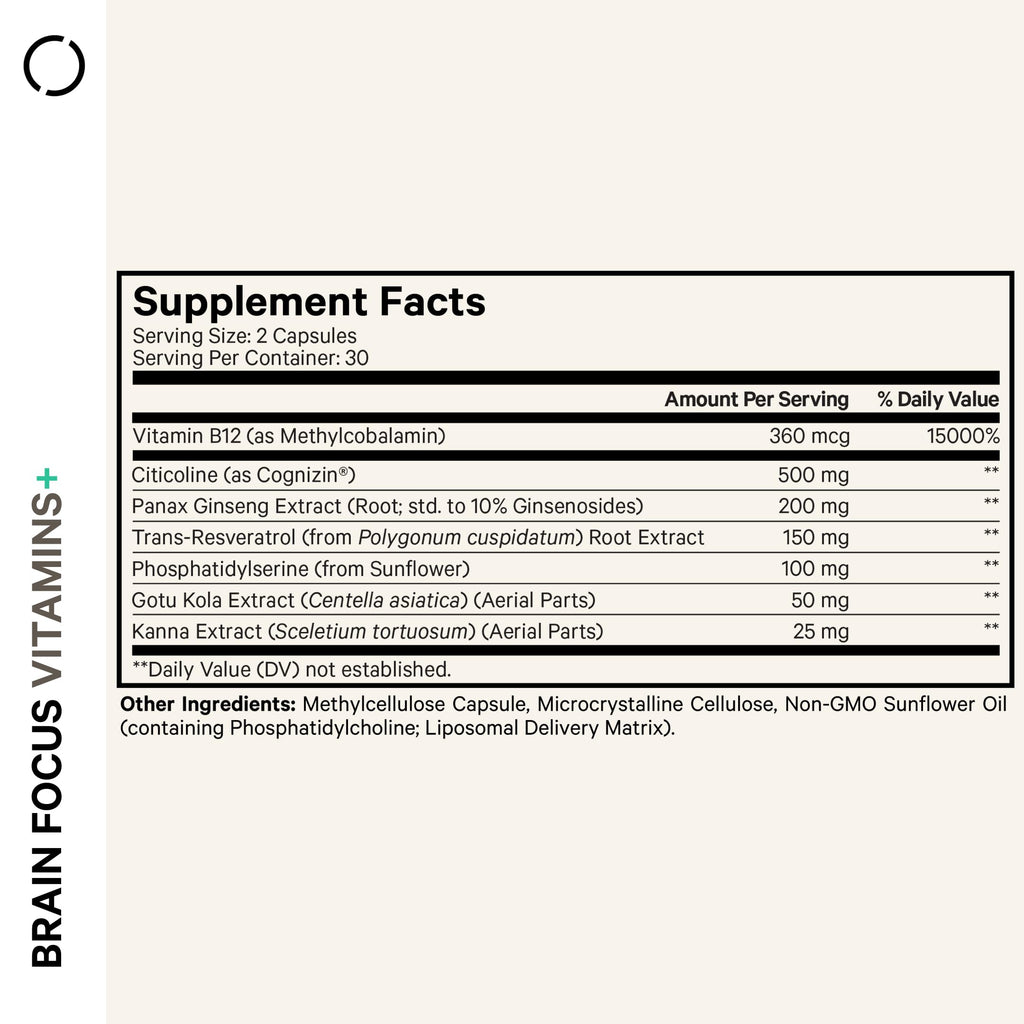 Codeage Brain Focus Vitamins+ Nootropic Supplement with Citicoline as Cognizin, Panax Ginseng, Resveratrol, Gotu Kola, Vitamin B12 Methylcobalamin - Liposomal Delivery - Non-GMO - 60 Capsules Codeage Au supplements