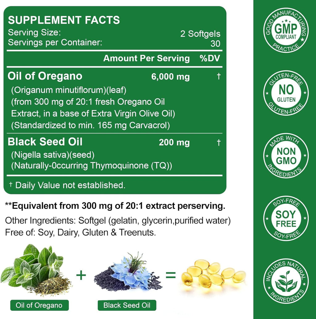 Nature's live Oil of Oregano with Black Seed Oil, 2 in 1 Oregano Supplement for Immune Health, Retains High Concentrated Carvacrol & Thymoquinone