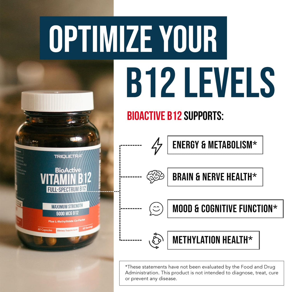 BioActive Vitamin B12 - 5000 mcg, Contains 3 BioActive Forms B12 Plus Methylfolate Cofactor - Methyl B12, Adenosyl B12 & Hydroxy B12 | Supports Energy