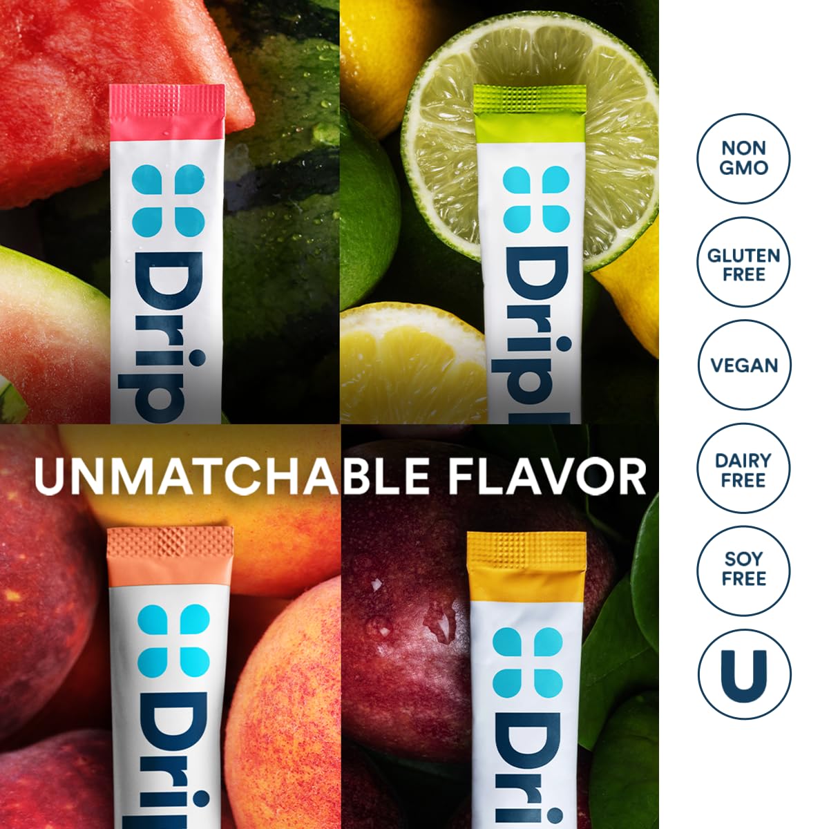 DripDrop Sugar Free Hydration Packets - Zero Classic Variety Pack - Single Serve Electrolytes Powder Drink Mix - Lemon Lime, Watermelon, Peach, Passion Fruit