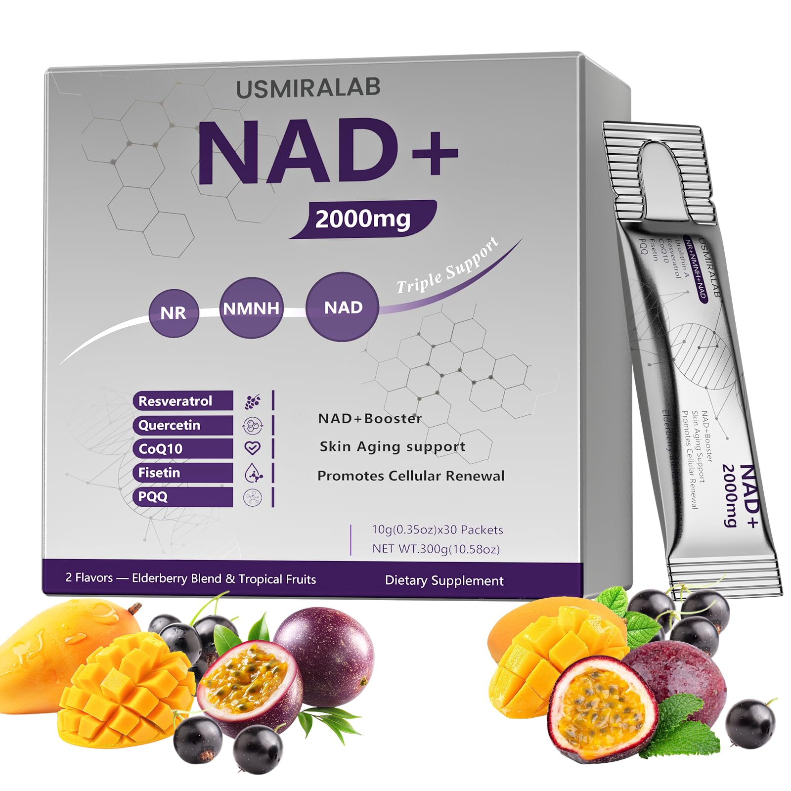 NAD+ Supplement Packets | 1000mg Liquid | Advanced Nicotinamide Riboside, Trans-Resveratrol, PQQ & Quercetin Complex for Cellular Energy & Healthy Aging Support - 2 Flavors (30 Count) USMIRALAB Au supplements