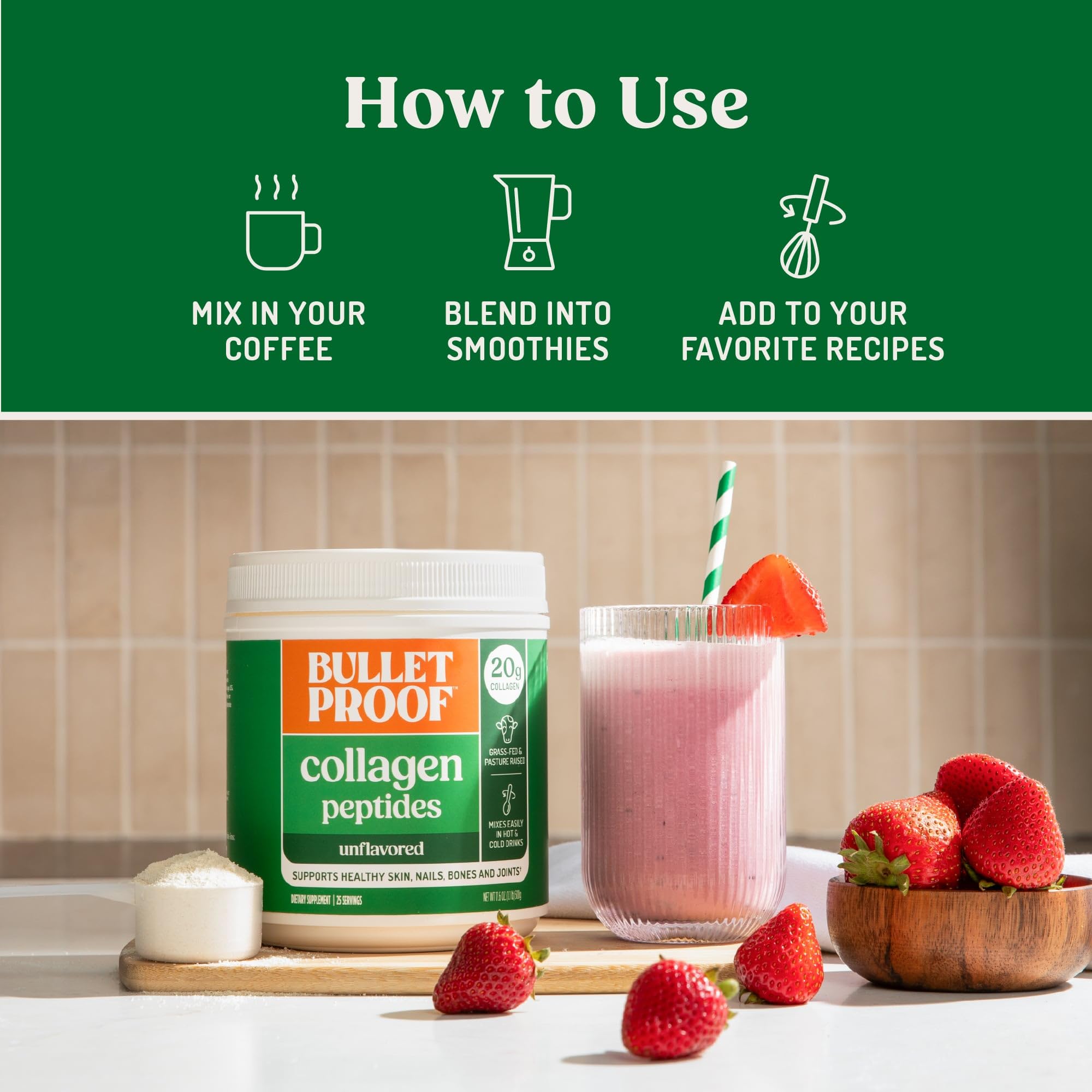 Bulletproof Unflavored Collagen Peptides Powder, 20g Grass-Fed Collagen Protein and Amino Acids for Skin