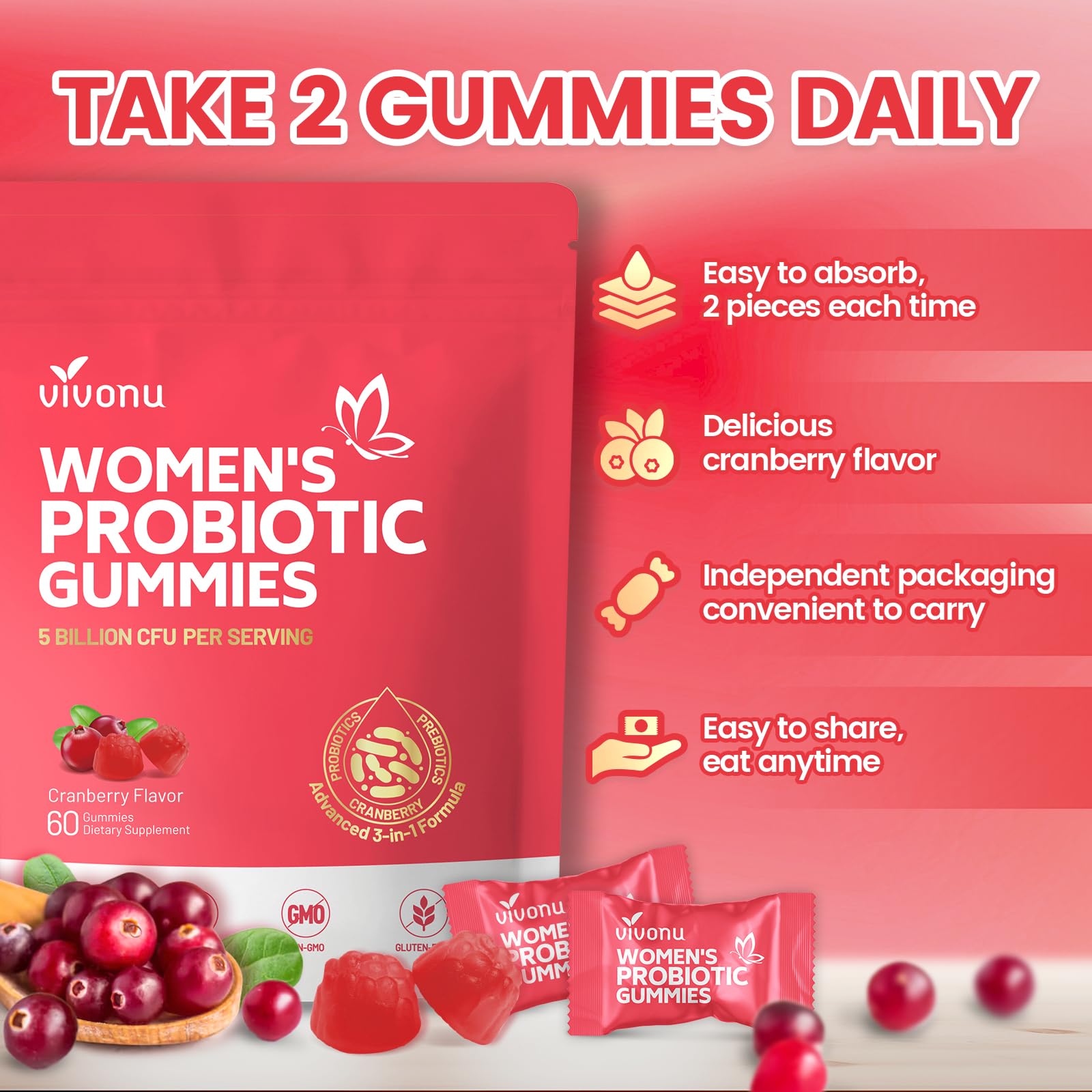 VivoNu Viginal Probiotics for Women, Women Probiotic Gummies, Feminine Balance Gummies, Prebiotic Gummy, Cranberry Probiotics for Woman Vaginigal Health, Yeast Ph Balance| 60 Gummies