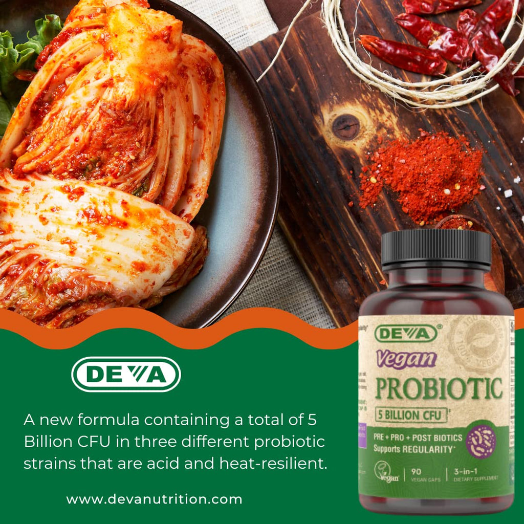DEVA Vegan Probiotic Supplement - Pre, Pro, and Postbiotics for Digestive Health, 5 Billion CFU, Soil-Based, Spore-Forming, Dairy Free, FOS Prebiotics