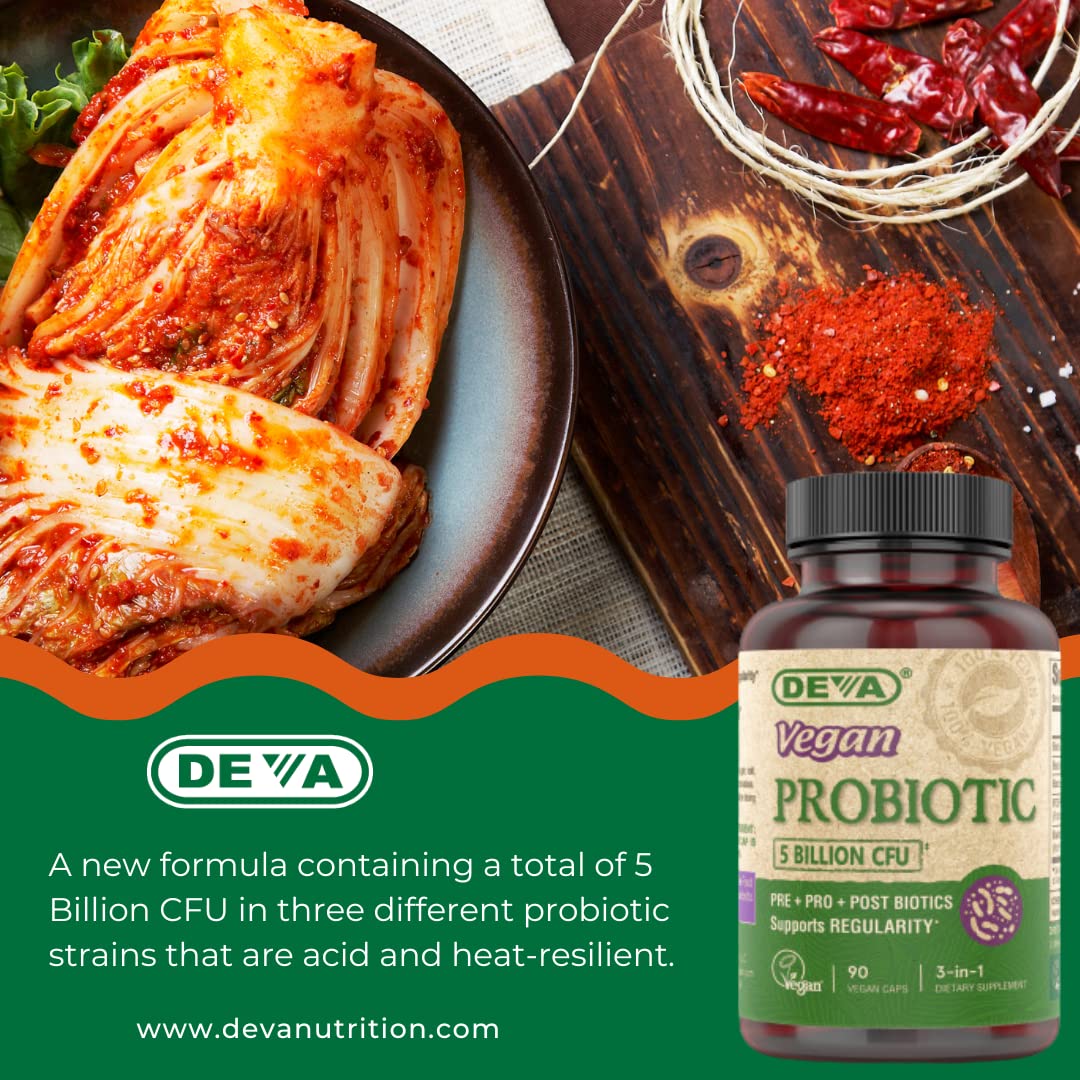 DEVA Vegan Probiotic Supplement - Pre, Pro, and Postbiotics for Digestive Health, 5 Billion CFU, Soil-Based, Spore-Forming, Dairy Free, FOS Prebiotics