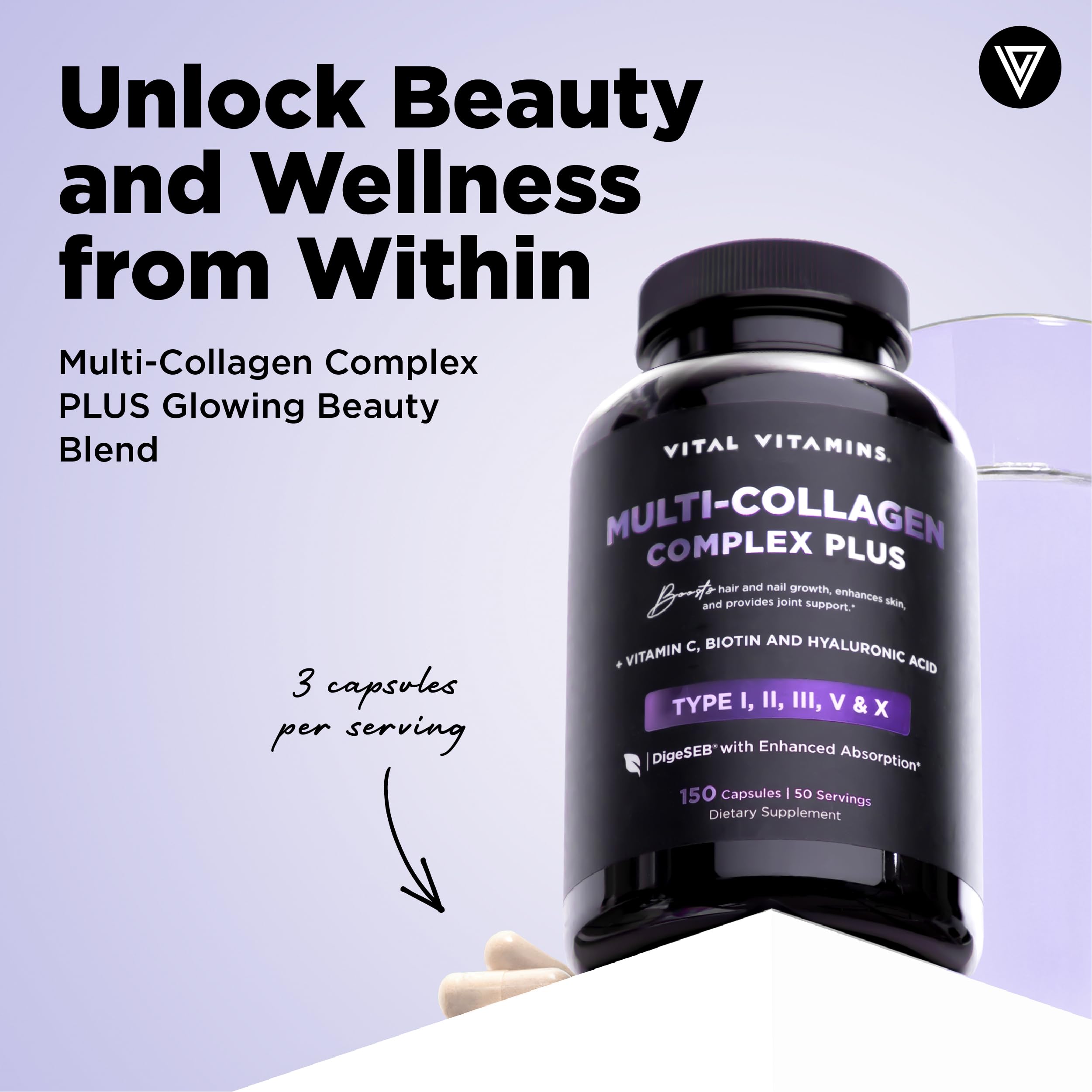 Vital Vitamins Multi Collagen Complex Plus - with Biotin, Hyaluronic Acid, Vitamin C - Type I, II, III, V, X - for Women & Men - Hair, Skin
