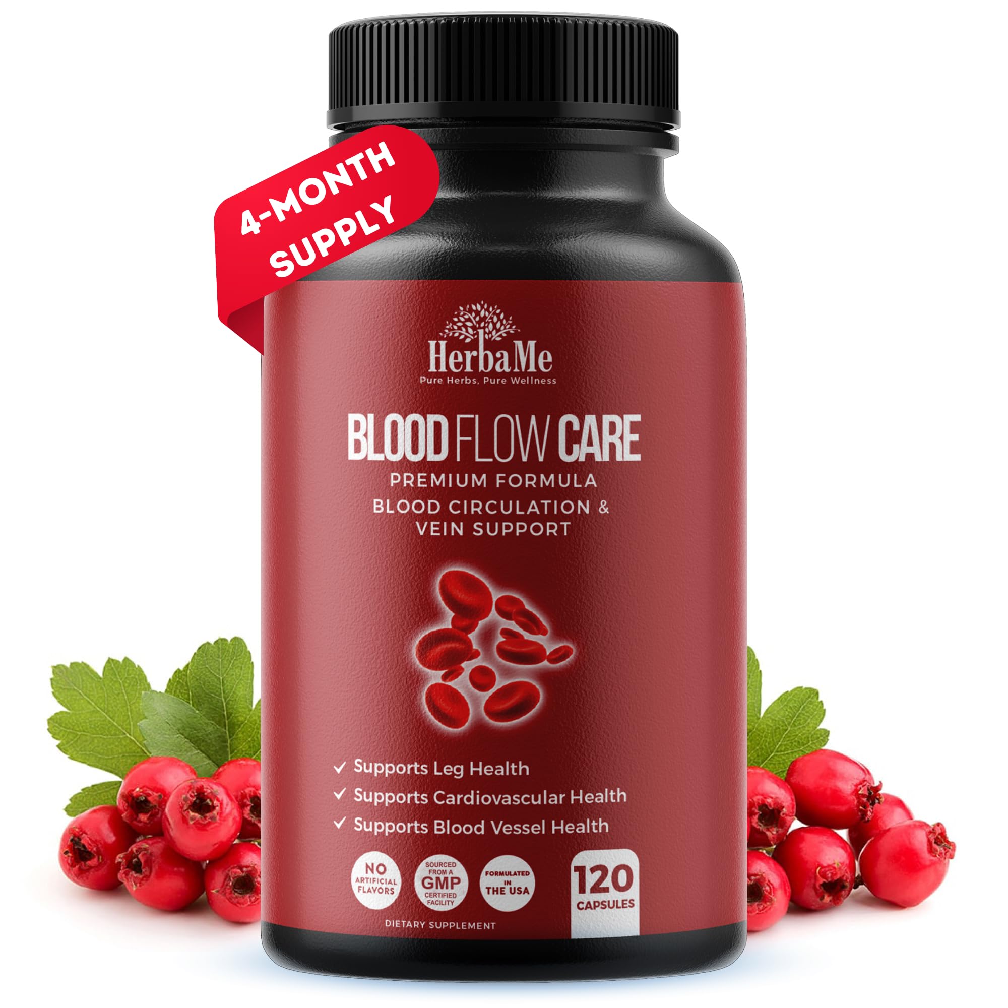HerbaMe Blood Circulation Supplement, 120 Capsules, Supports Leg Vein, Heart, Vessels and Cardiovascular Health with Niacin, L-Arginine, Ginger, Cayenne Pepper