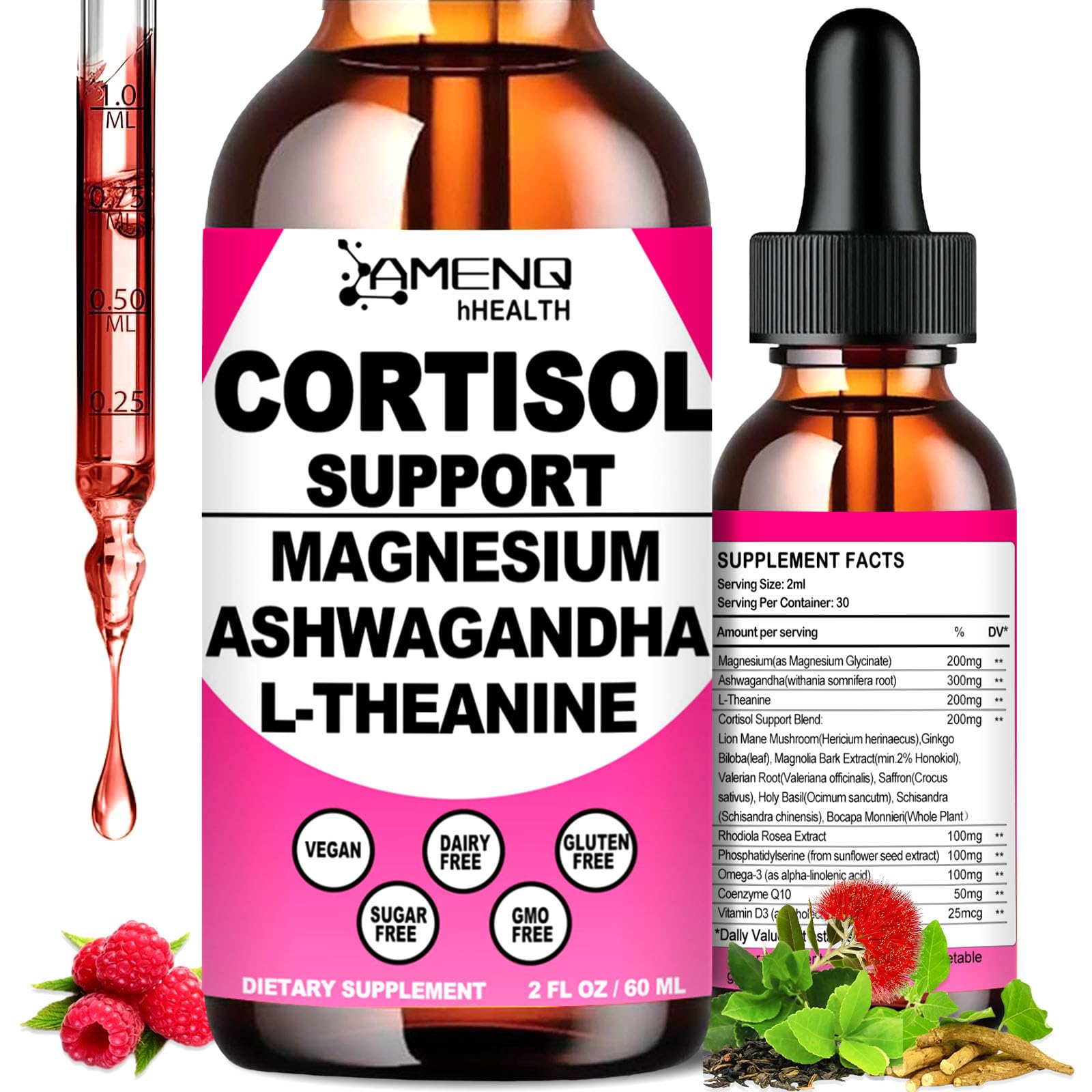 Cortisol Supplement Liquid Drops, 17-in-1 Cortisol Reducer w. Ksm-66 Ashwagandha Theanine Rhodiola Rosea Magnesium Phosphatidylserine, Hormone Balanced & Lower Cortisol for Women Calm* Relaxation AMENQ hHEALTH Au supplements