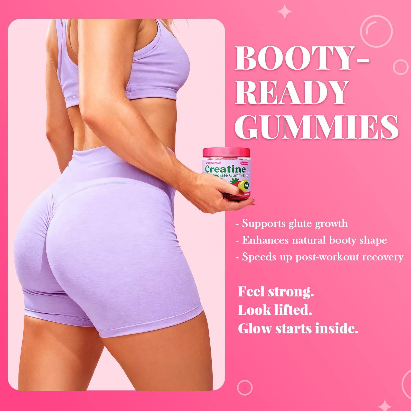 Creatine for Women, Creatine Monohydrate Gummies with Collagen, Vitamin D3 & Calcium for Muscles, Booty & Energy, Flavored Sugar Free Creatine Gummies Post